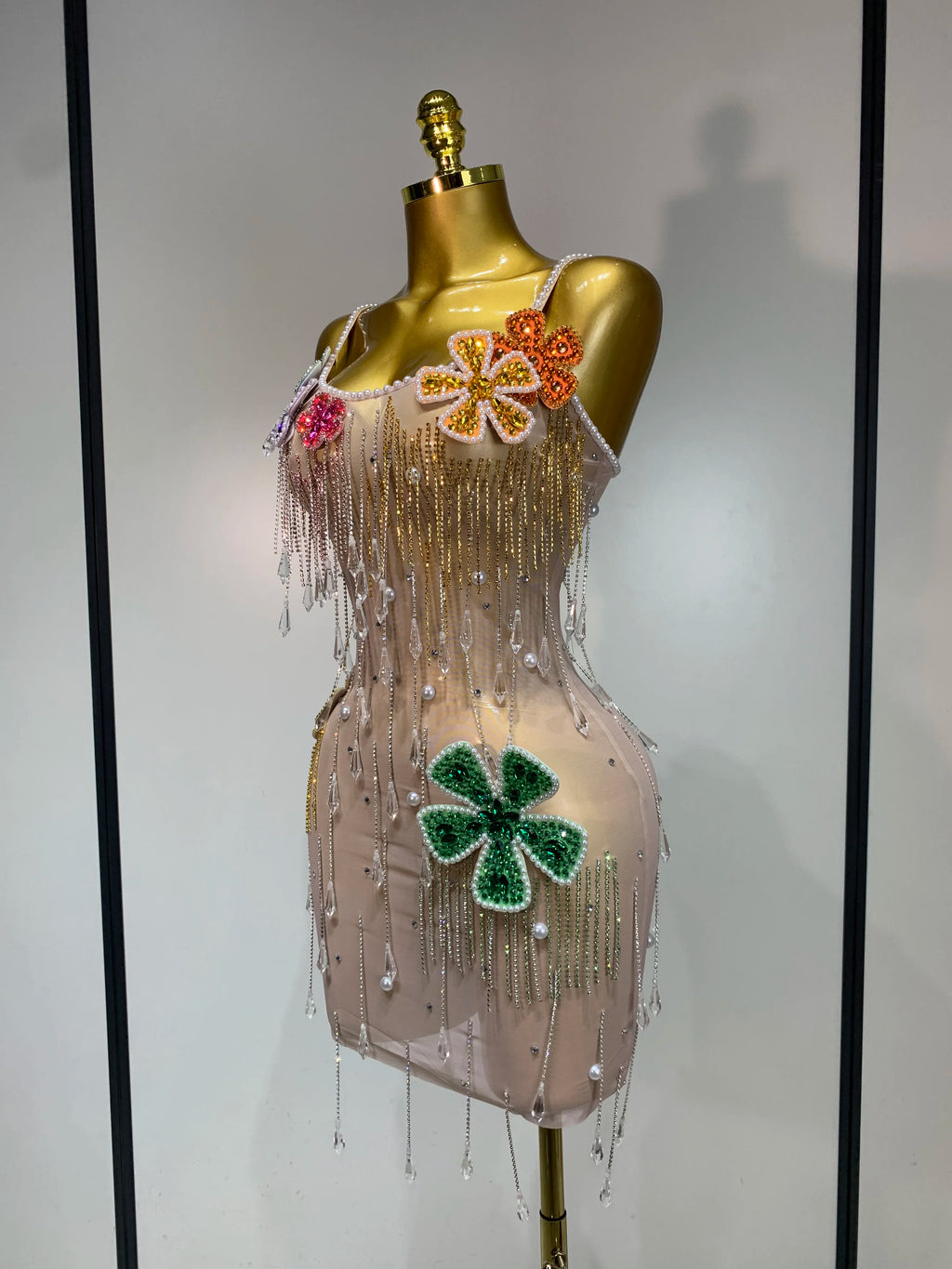 Flower Rhinestone Pearl Mesh Mini Dress