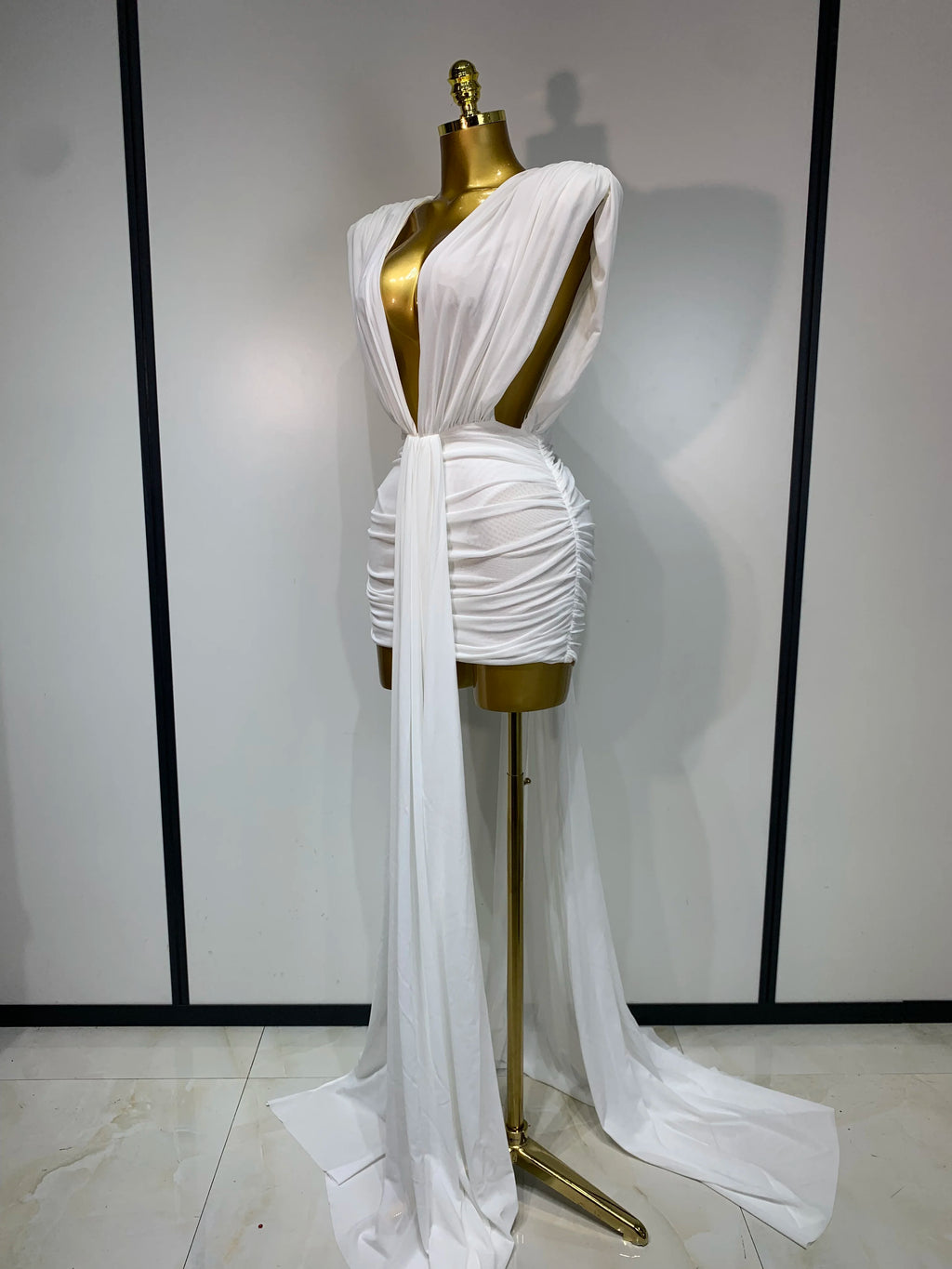 Deep V-Neck Ruched Bodycon Mini Dress