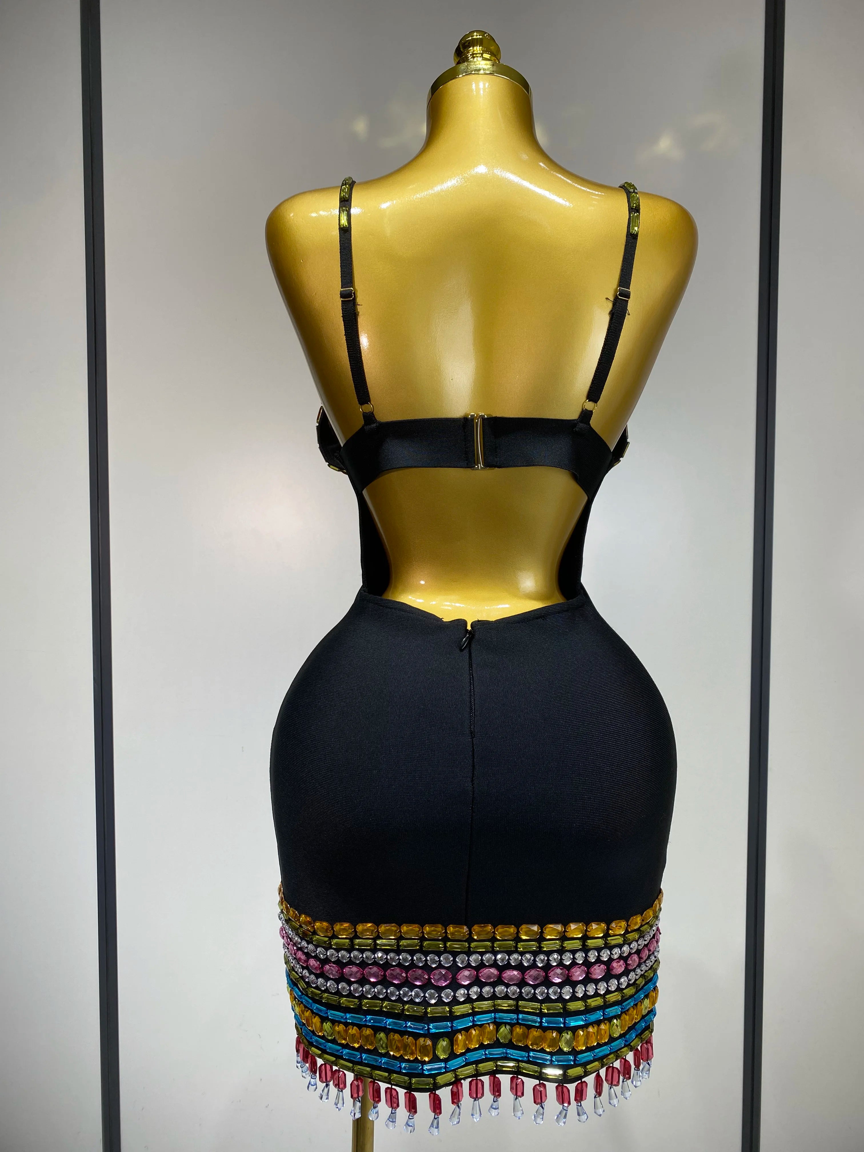 Colorful Diamonds V Neck Black Bodycon Dress