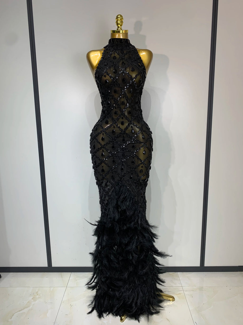 Sparkly Rhinestones Feather Sexy Mesh Long Dress