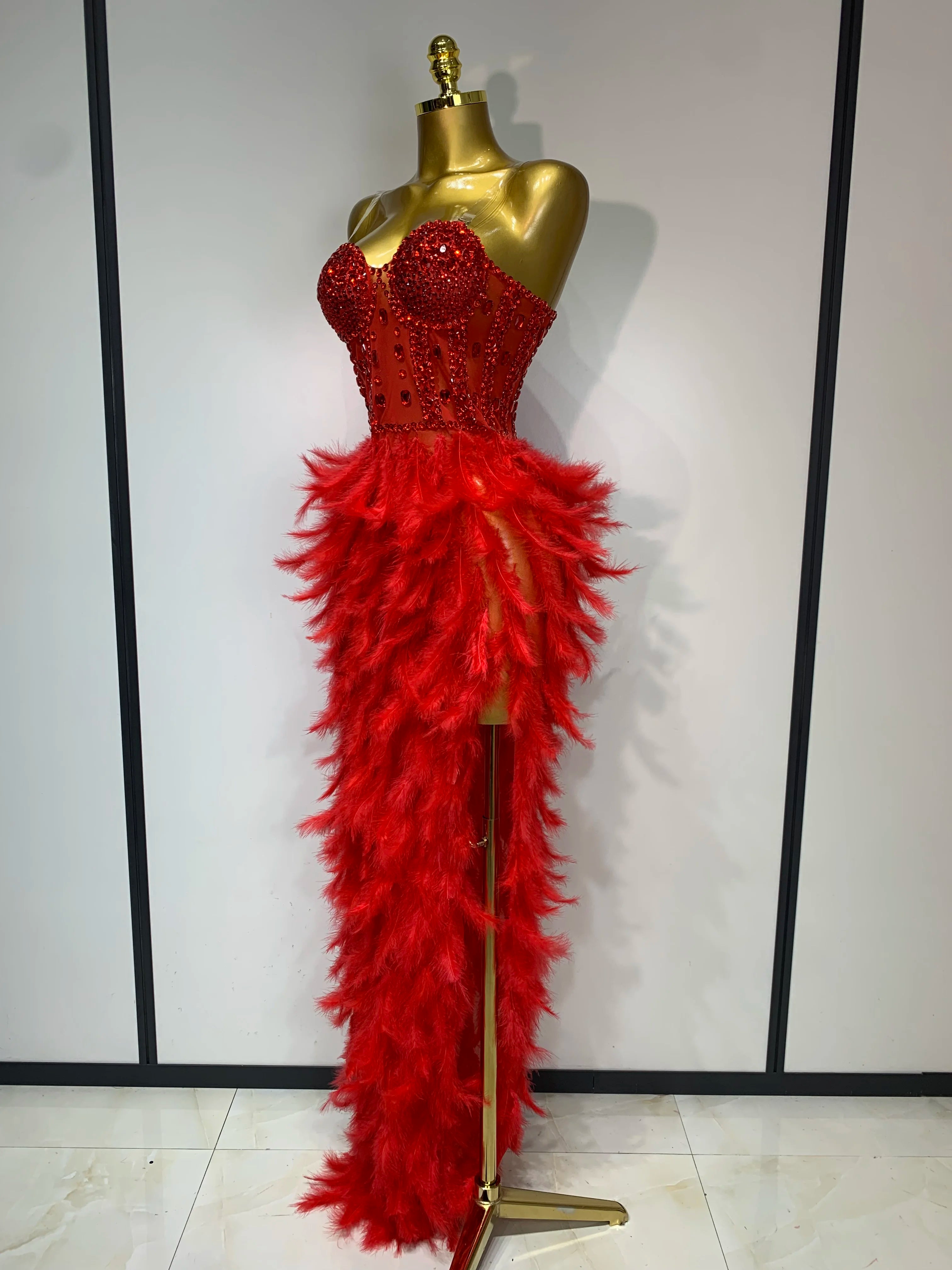 Sparkly Rhinestone Feather Mesh Dress