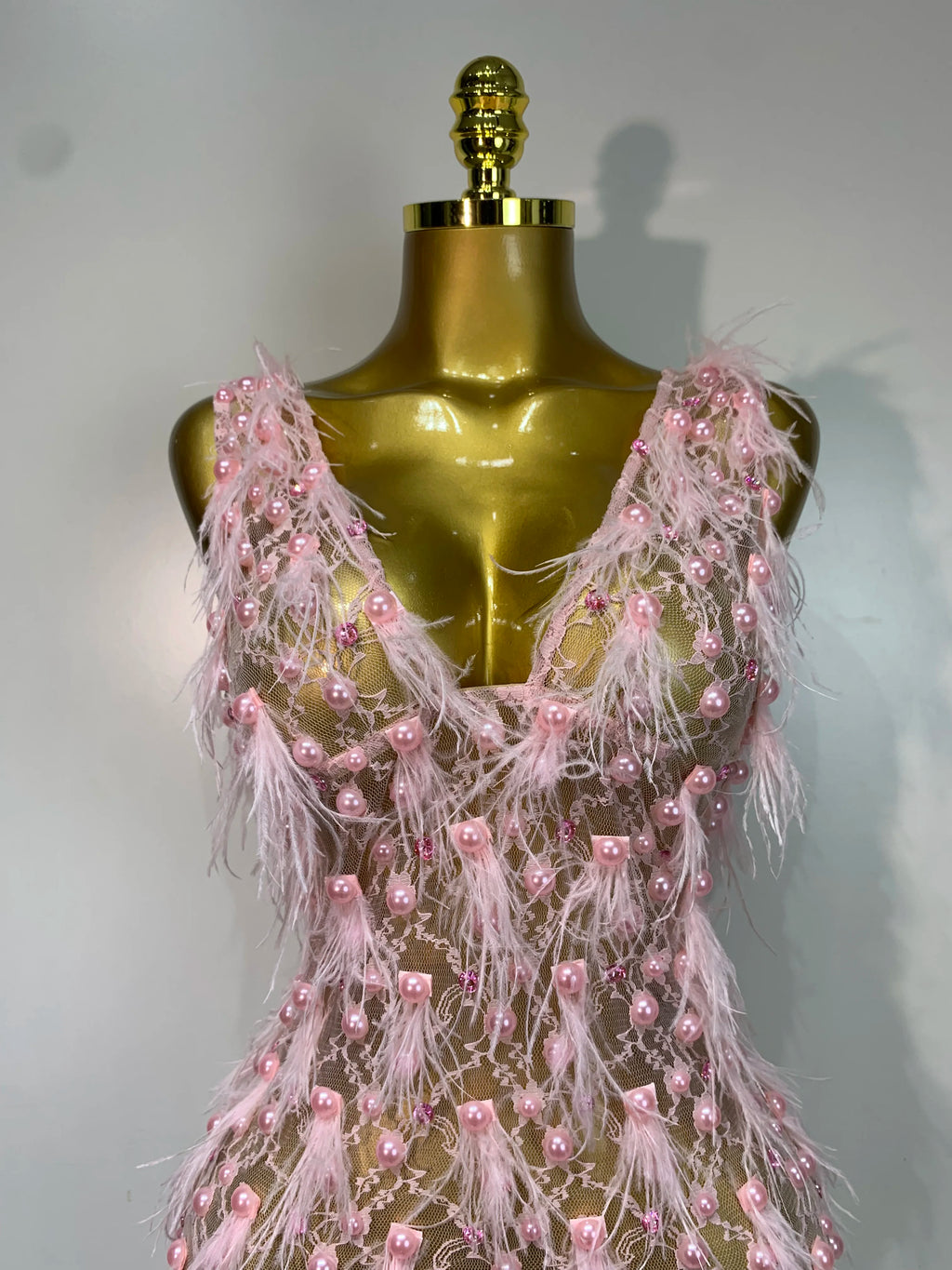 Pink Pearls Feather Lace Mini Dress