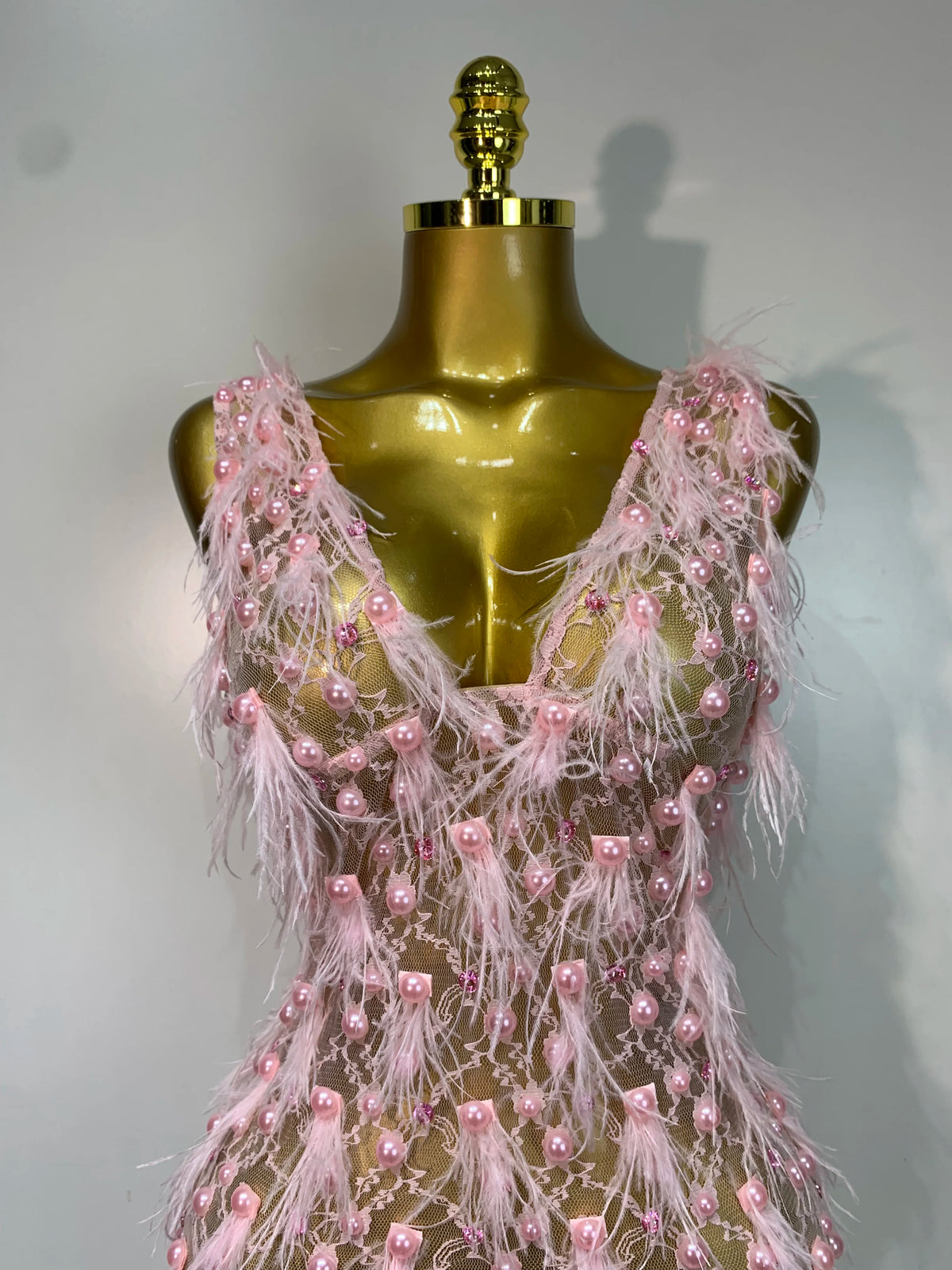 Pink Pearls Feather Lace Mini Dress