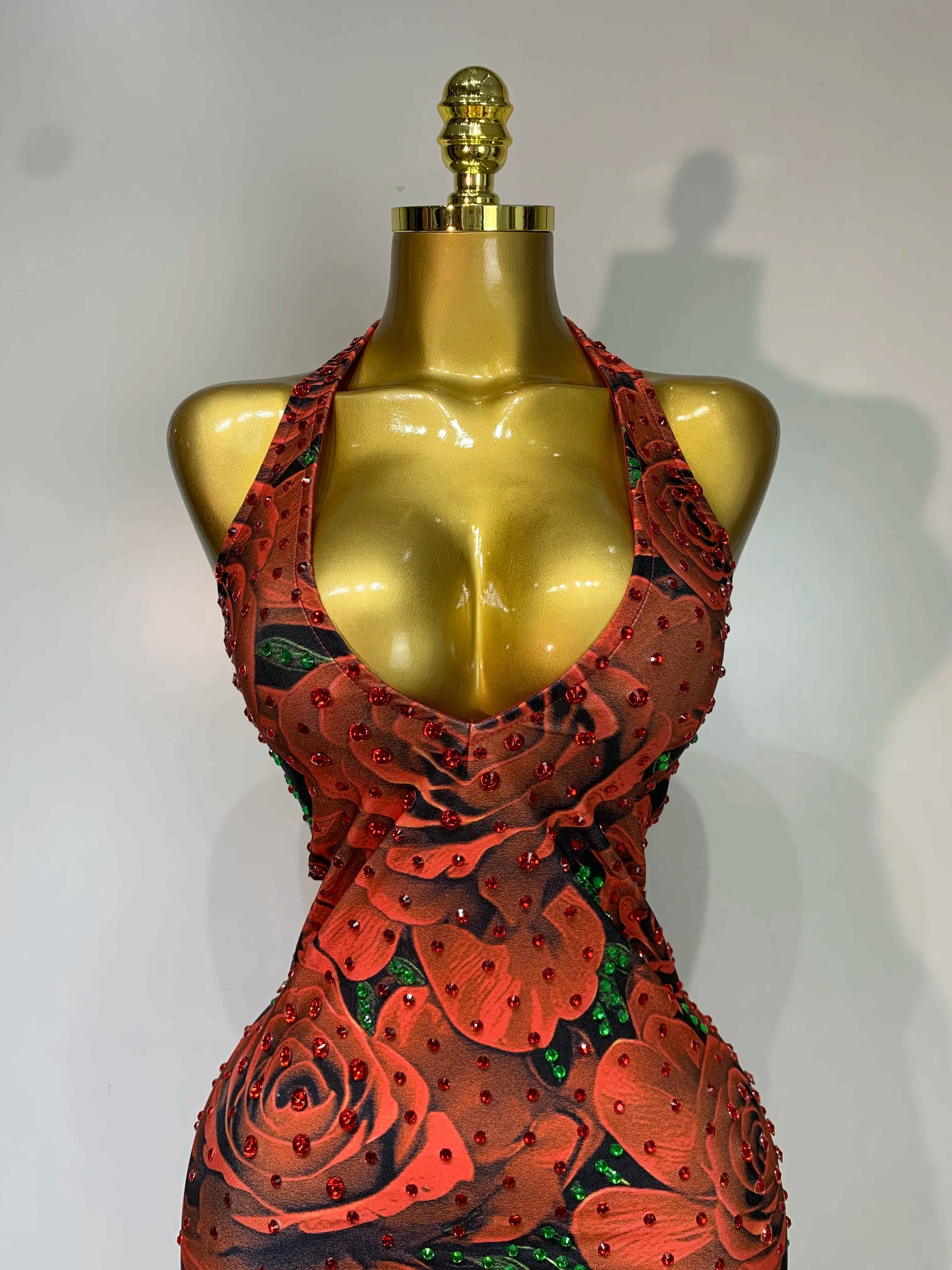 Rose Print Halter Bodycon Sparkly Rhinestone V Neck Dress