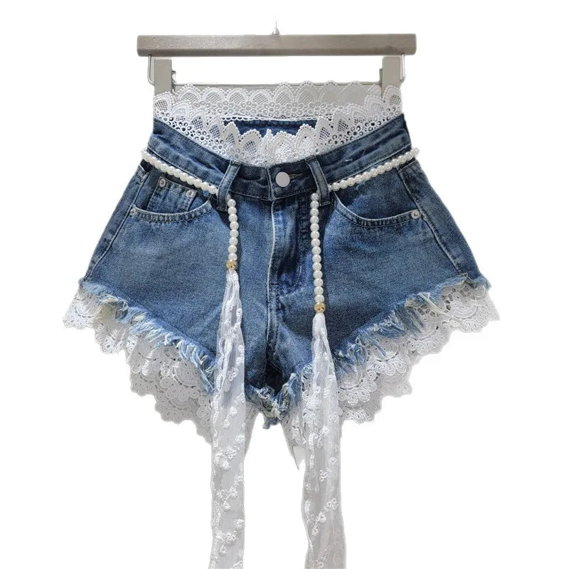 Lace Trim Denim Shorts + Pearl Belt