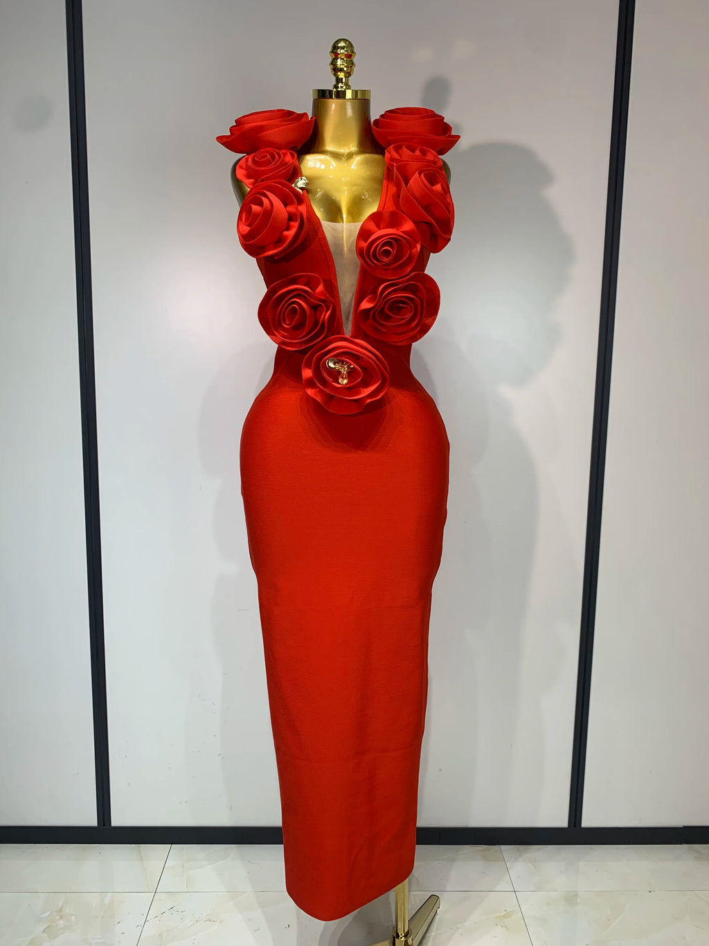 Rose V Neck Mesh 3D Flower Dress