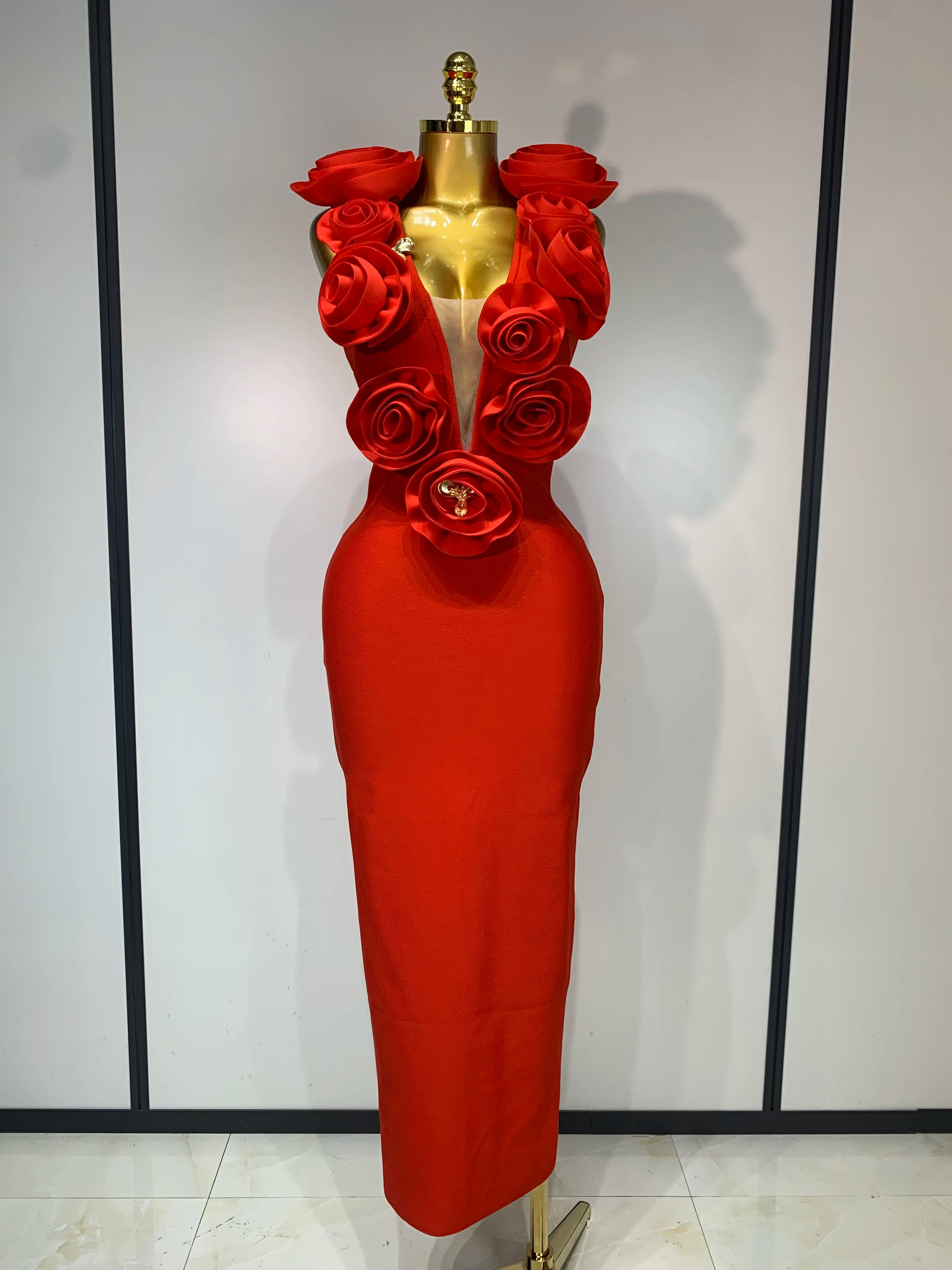 Rose V Neck Mesh 3D Flower Dress