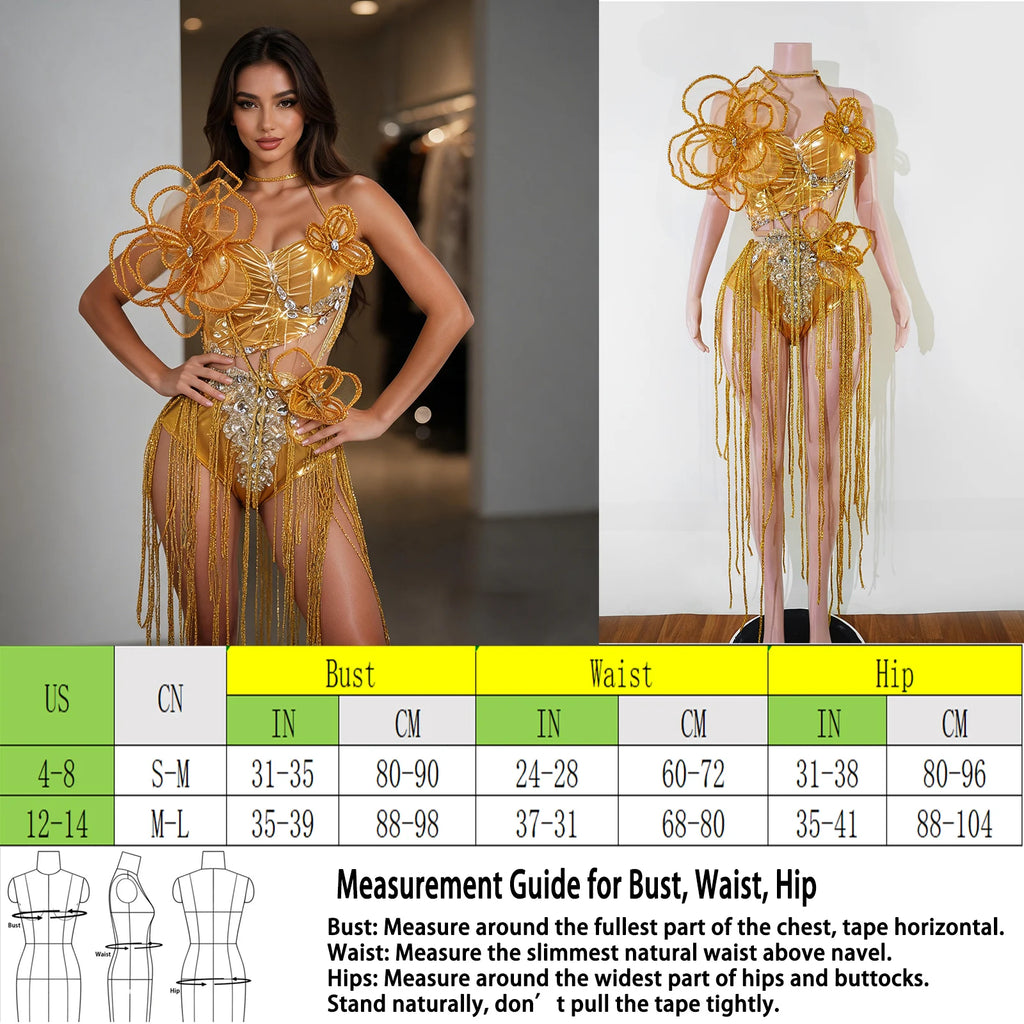 Gold Orange 3D Flower Fringe Two Piece Set