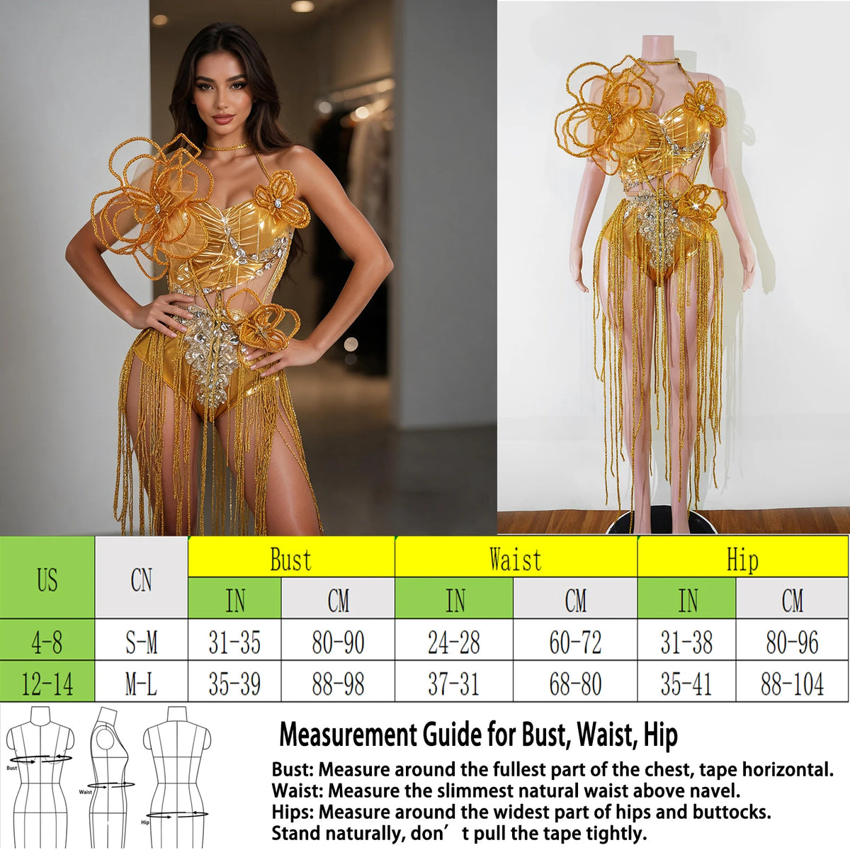 Gold Orange 3D Flower Fringe Two Piece Set
