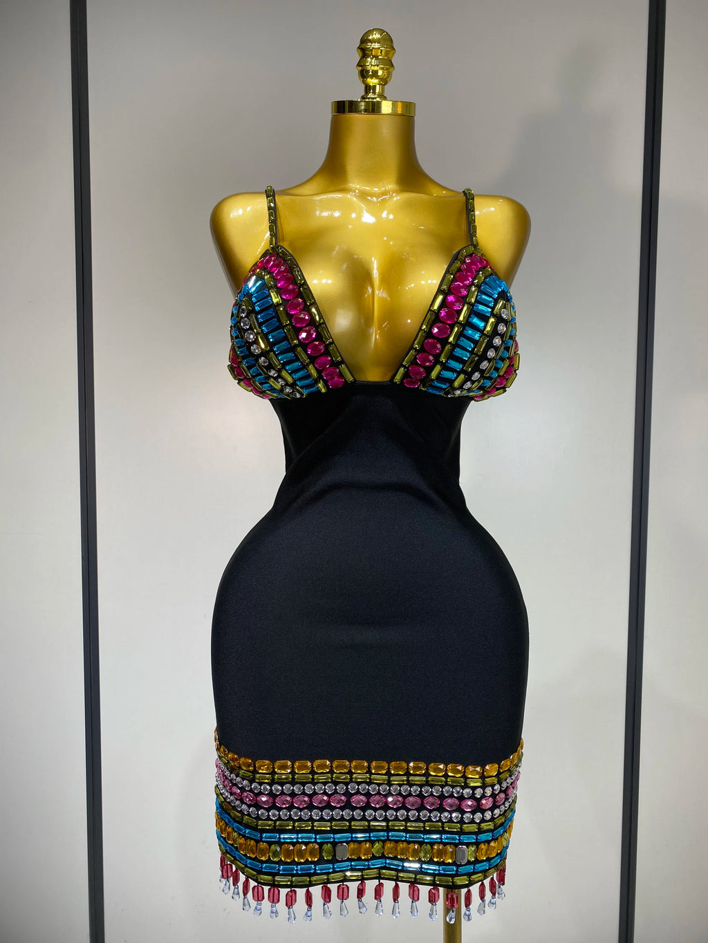 Colorful Diamonds V Neck Black Bodycon Dress