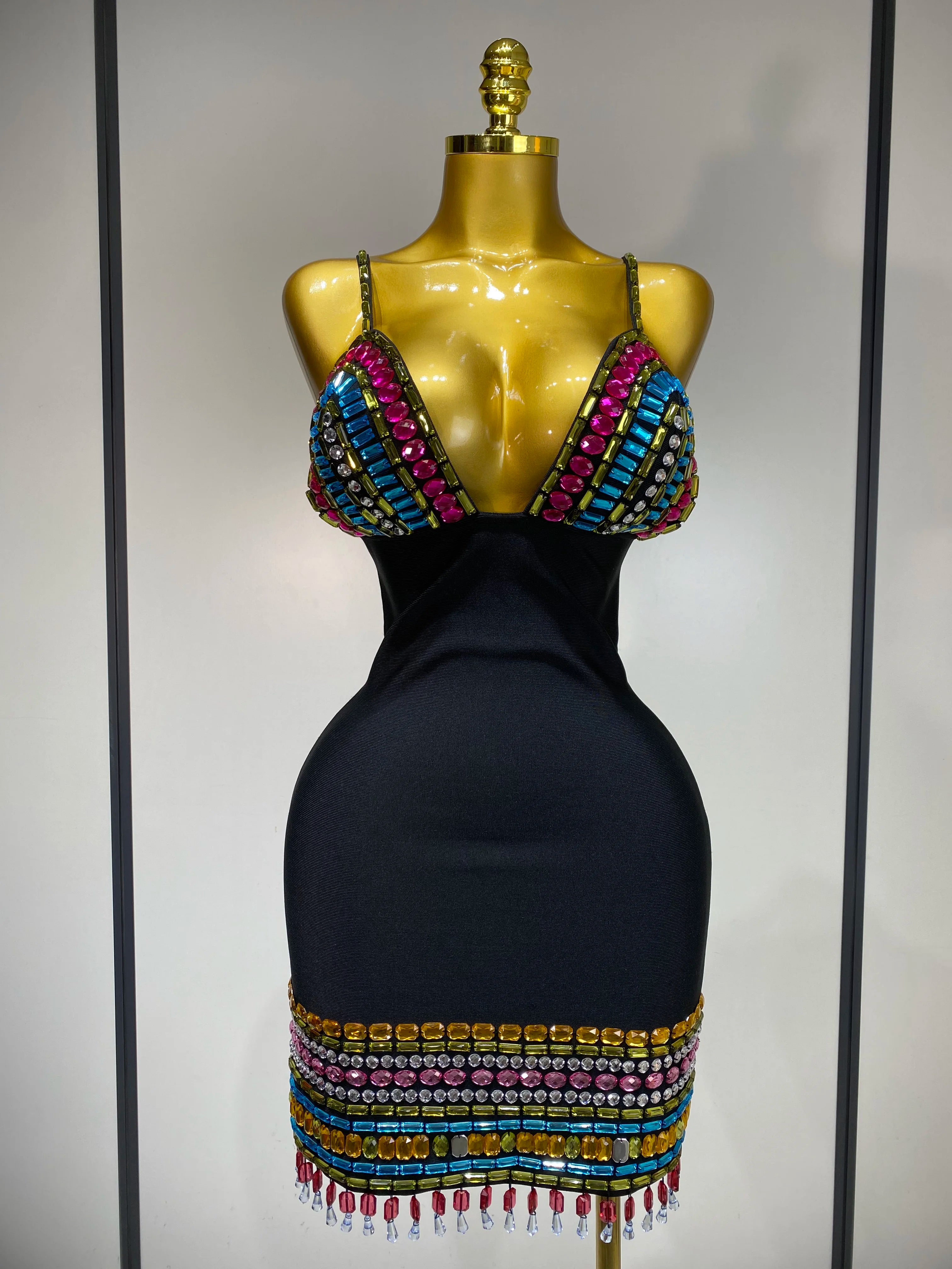 Colorful Diamonds V Neck Black Bodycon Dress