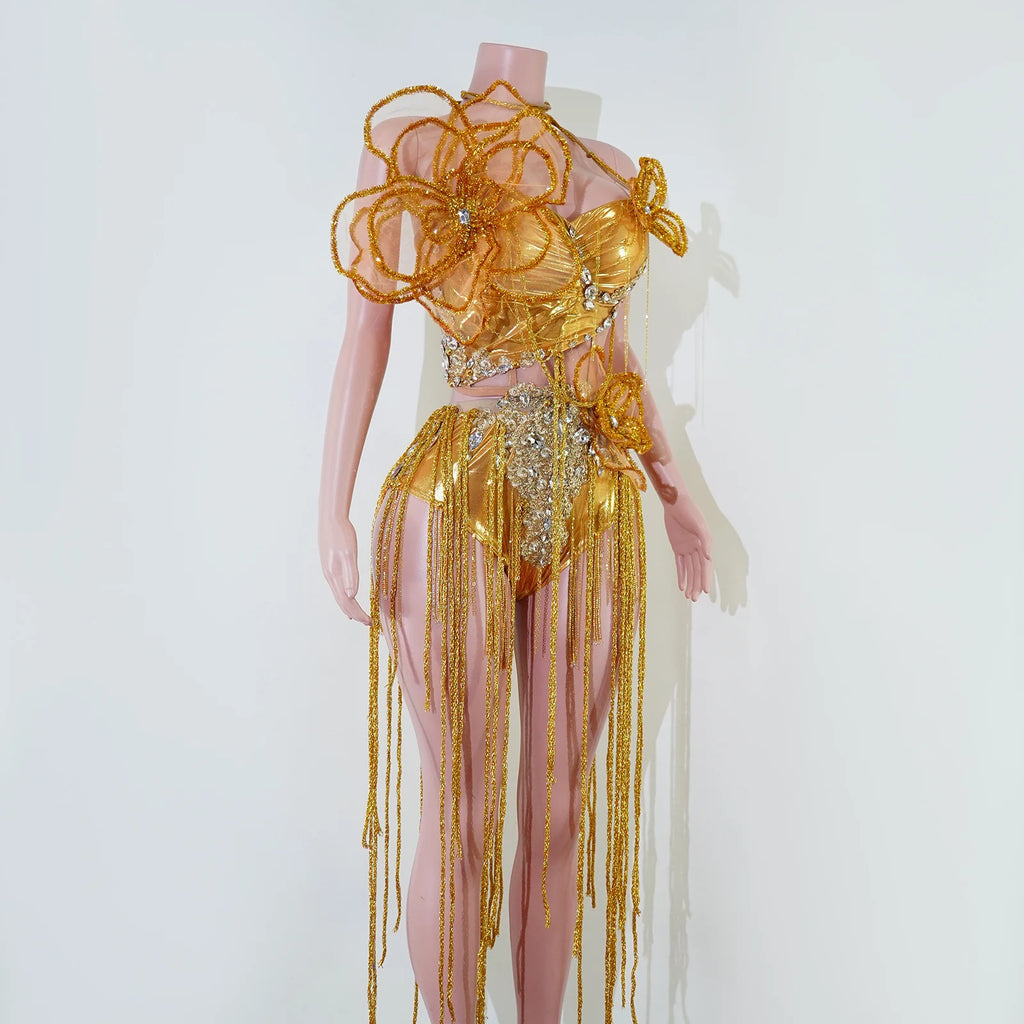 Gold Orange 3D Flower Fringe Two Piece Set