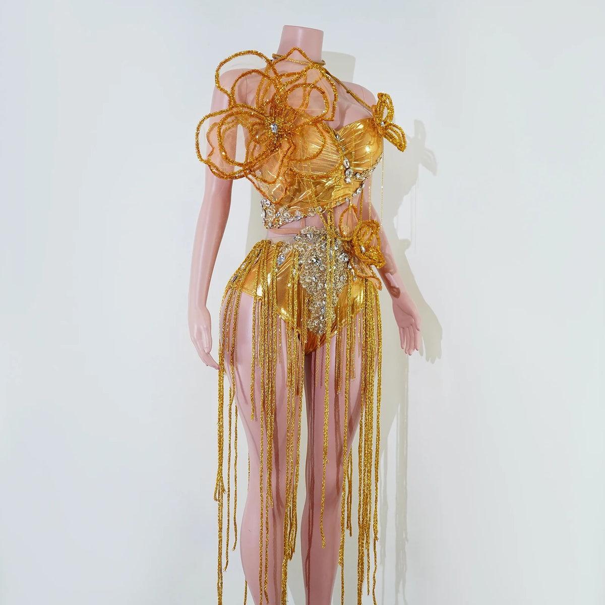 Gold Orange 3D Flower Fringe Two Piece Set