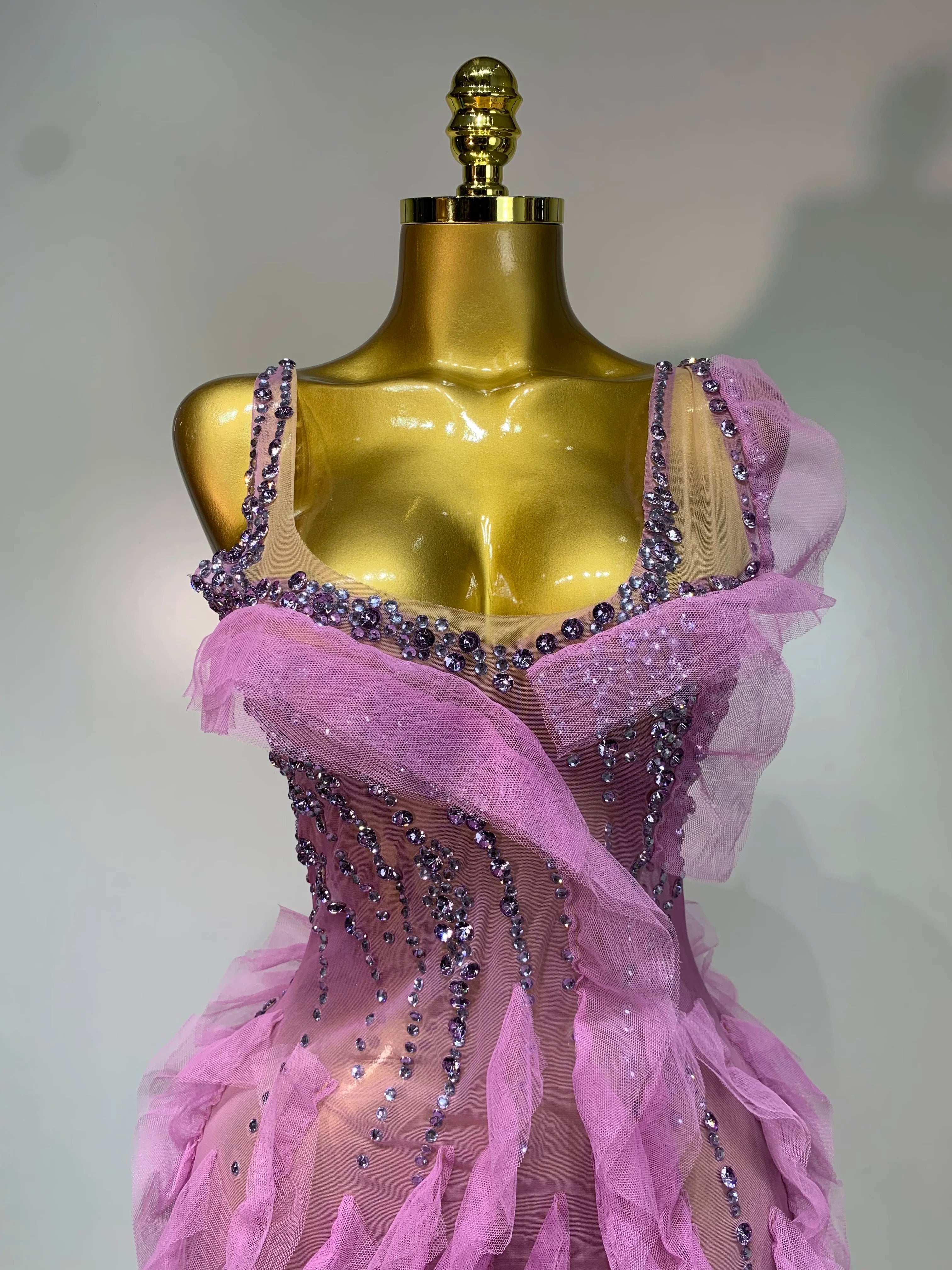 Purple Rhinestone Mini Mesh Dress