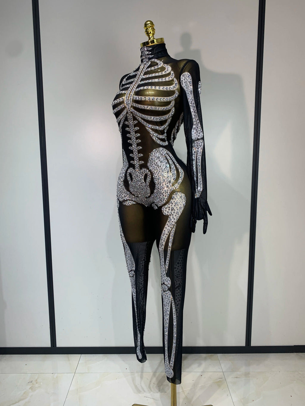 Skeleton Mesh Rhinestone Jumpsuit