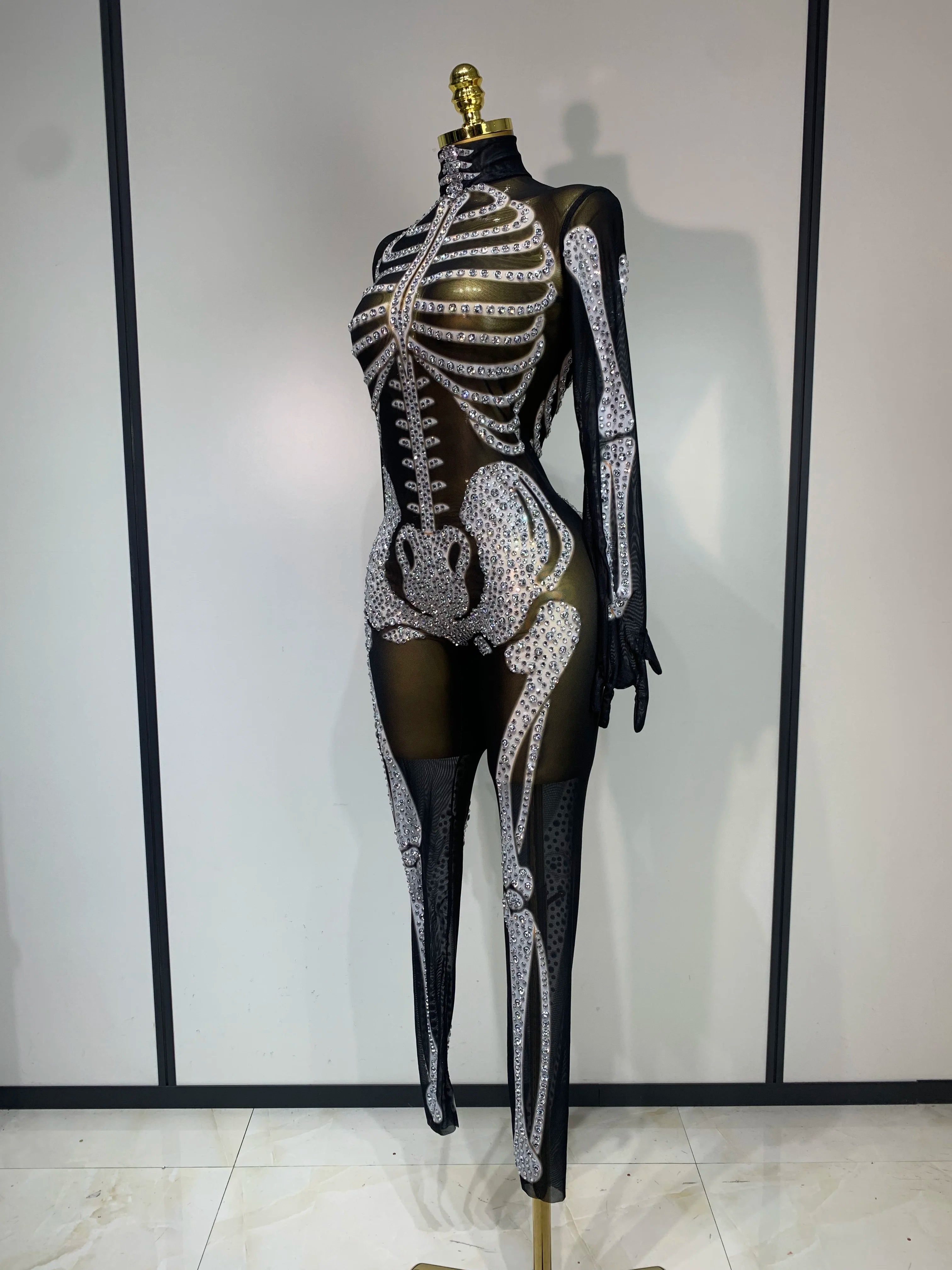 Skeleton Mesh Rhinestone Jumpsuit