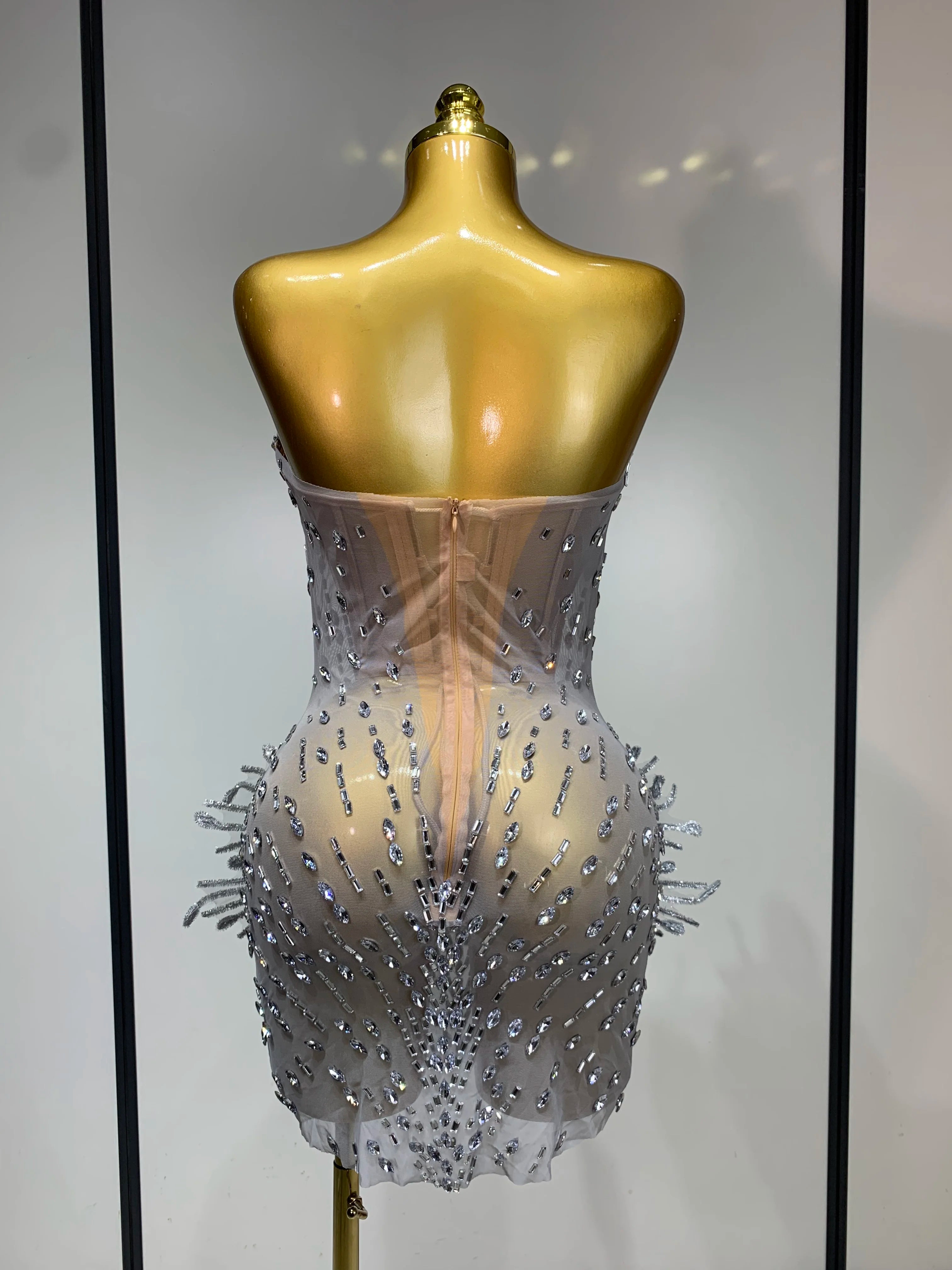 Luxury Silver Sparkly Diamonds Mini Dress