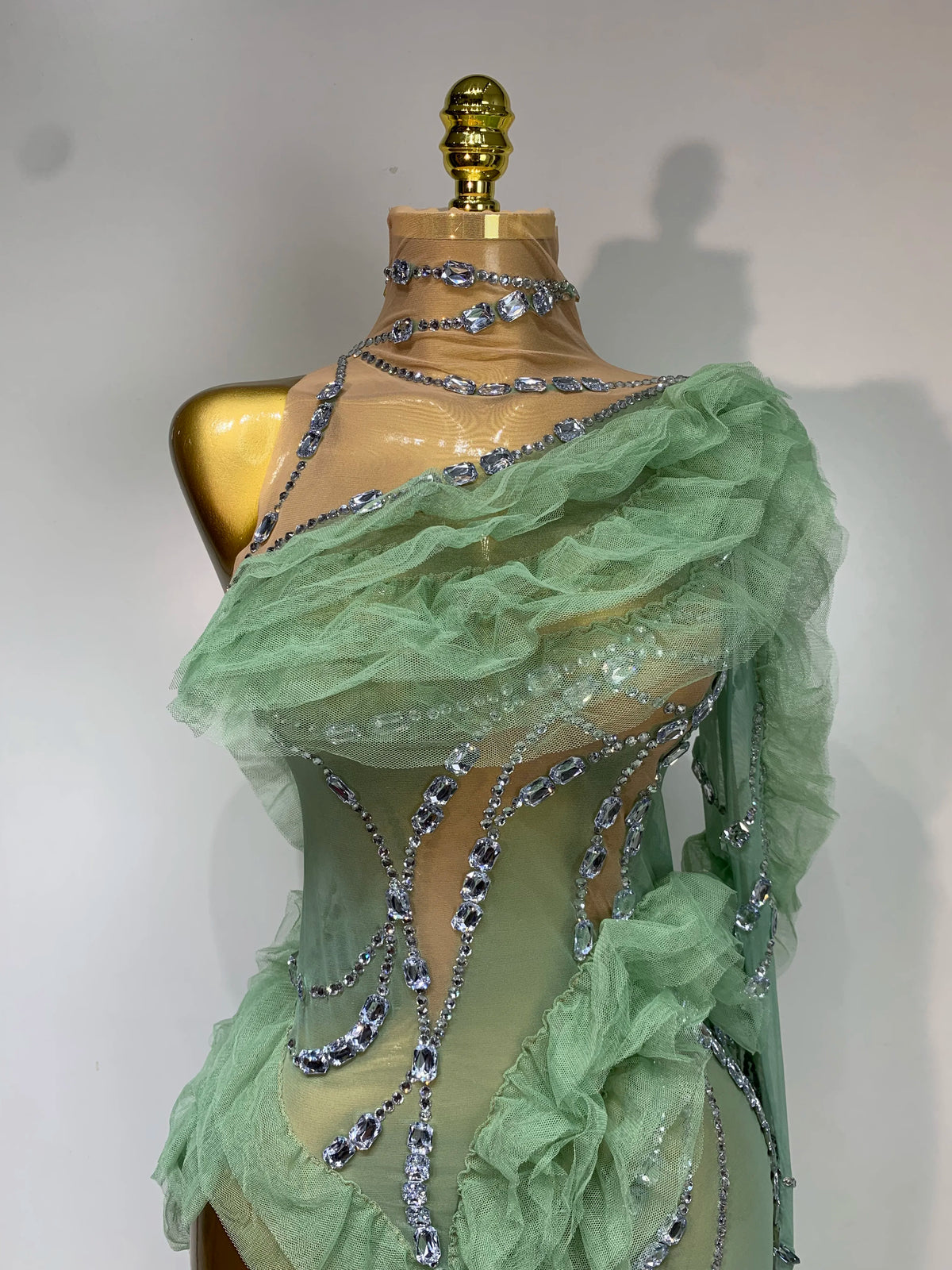 Sparkly Rhinestones Ruffle High Split Dress
