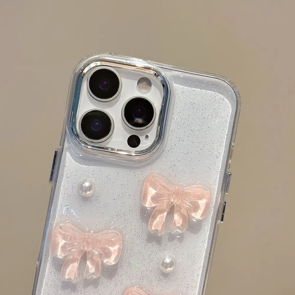 Cute 3D Pink Bow Pearl Clear Phone Case