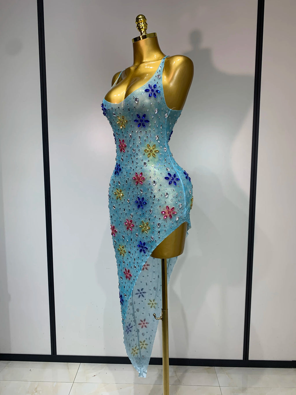 Sparkly Diamonds High Split Mesh Dress