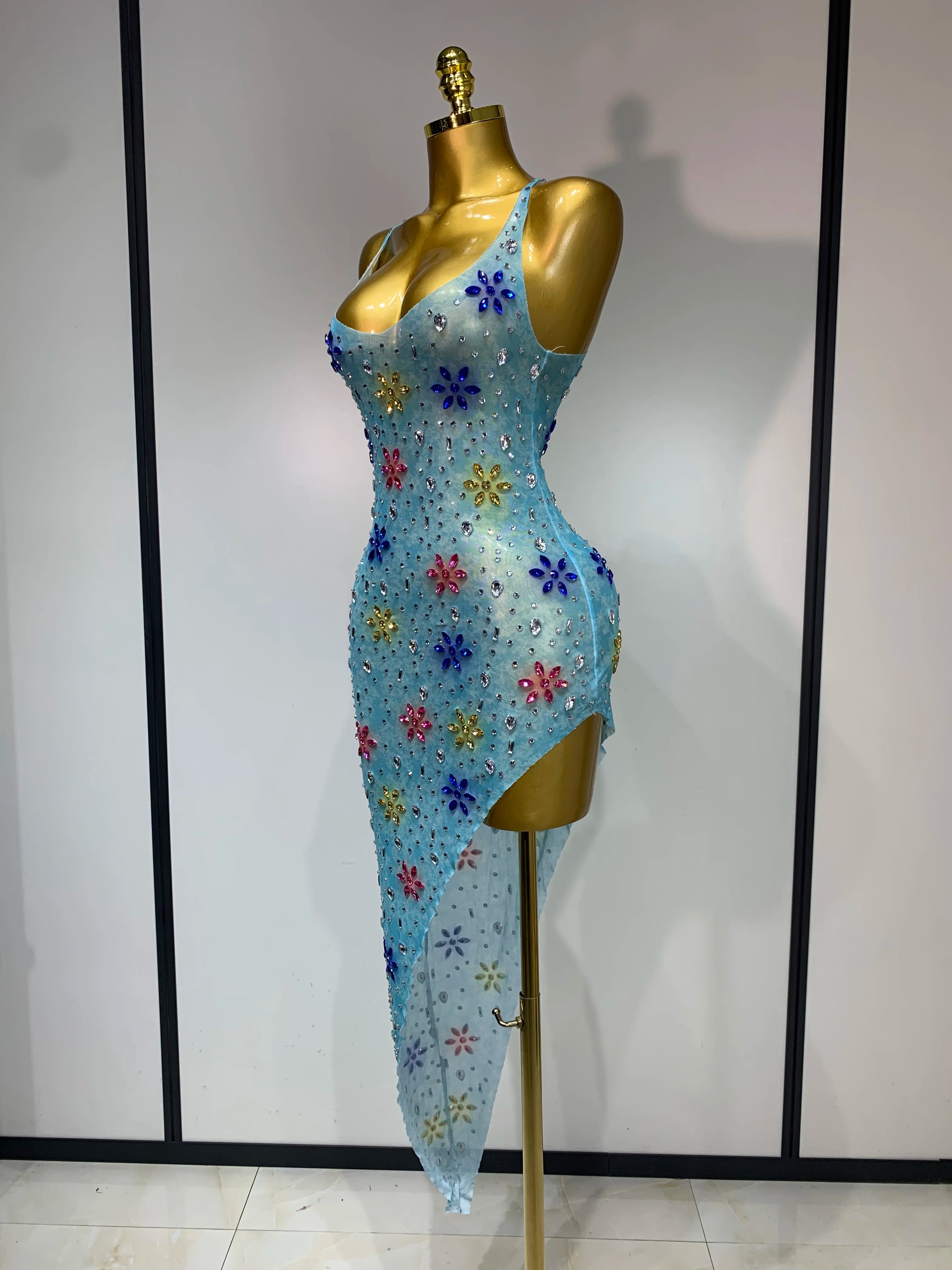 Sparkly Diamonds High Split Mesh Dress
