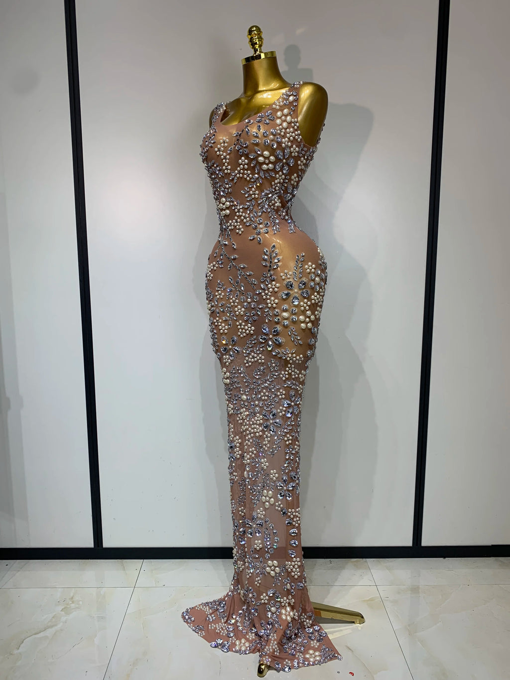 Diamonds Mesh See Through Long Dress