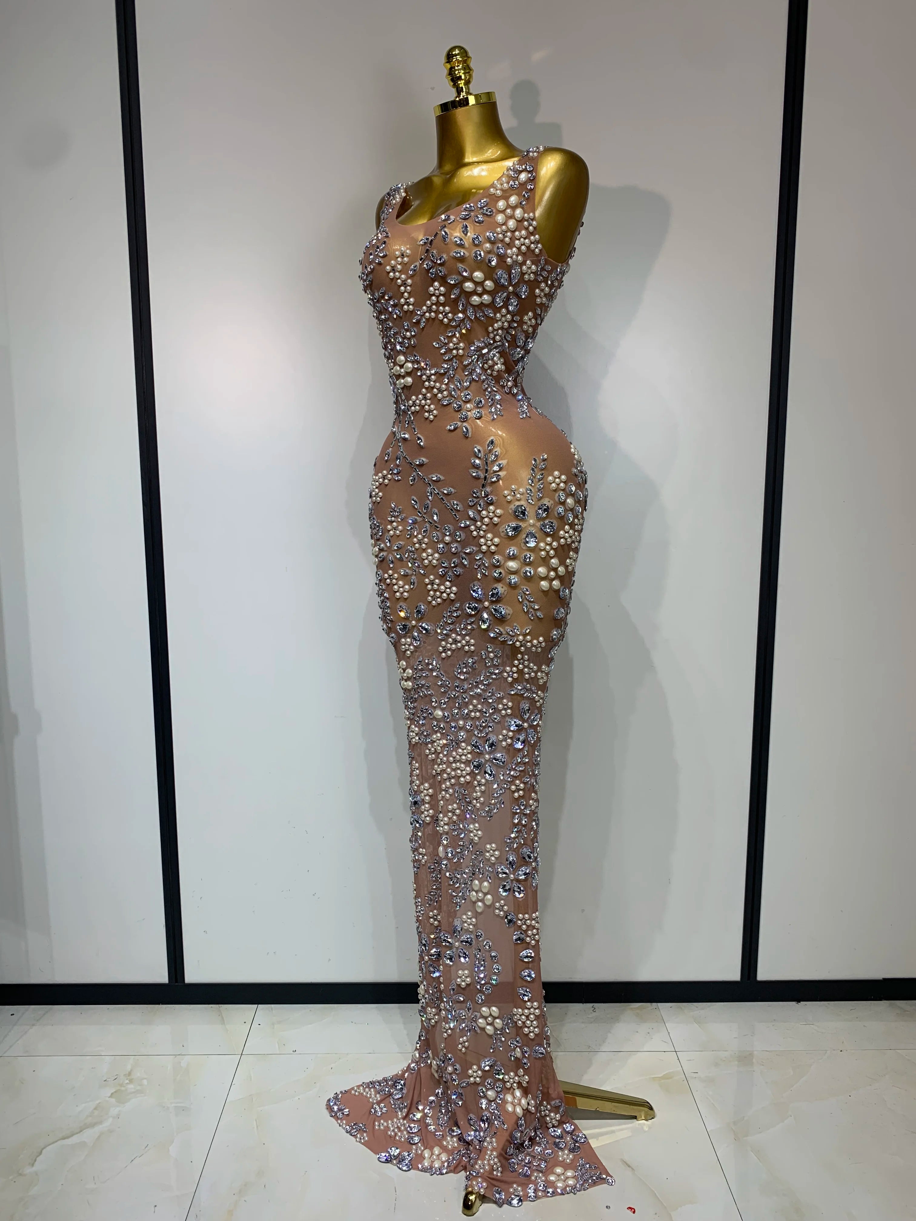 Diamonds Mesh See Through Long Dress
