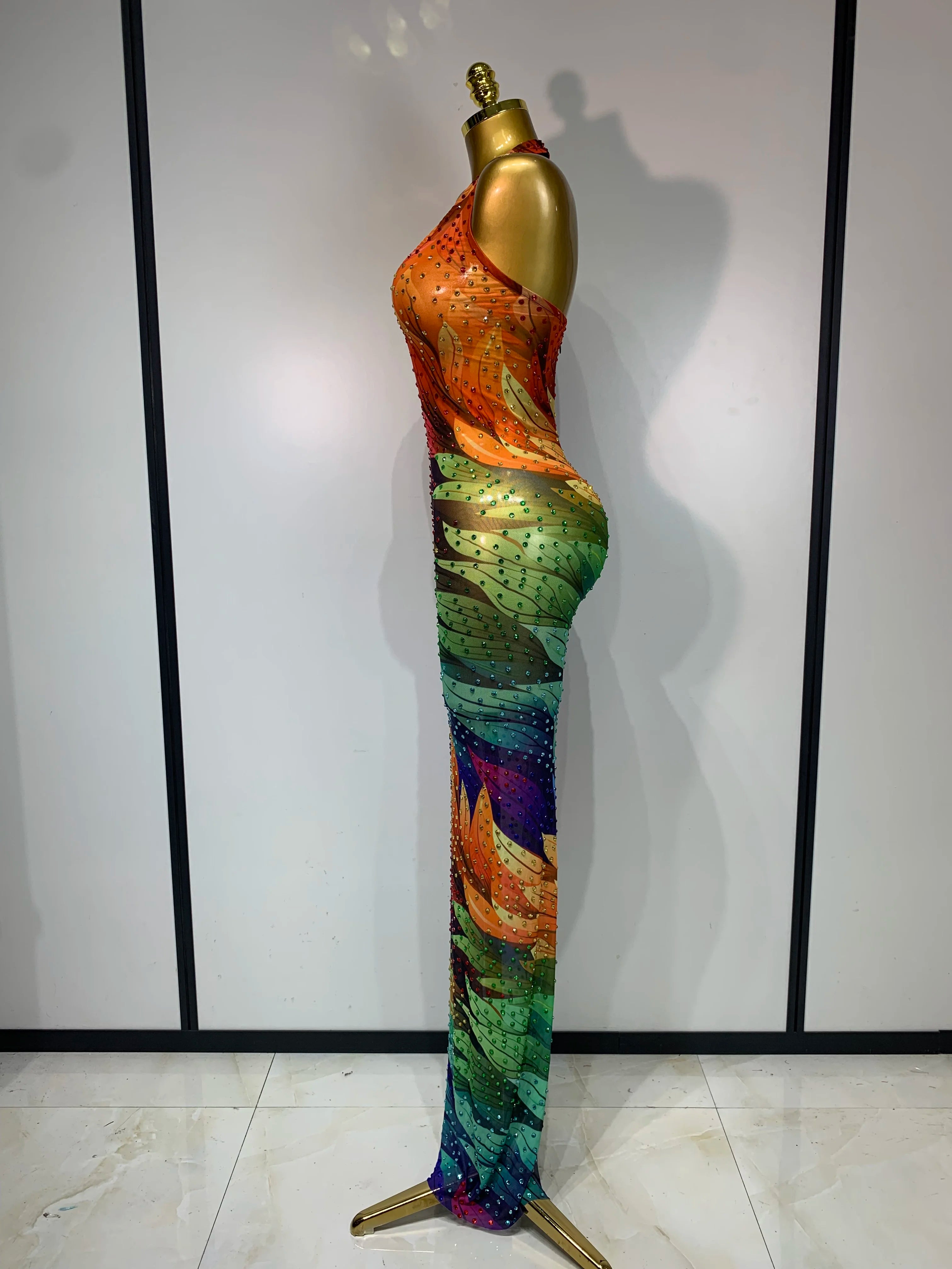 Cool Summer Halter Mesh Sparkly Rhinestone Dress