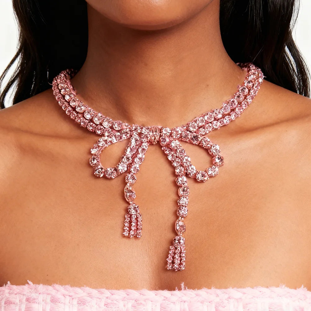 Pink Bow Rhinestone Choker Necklace