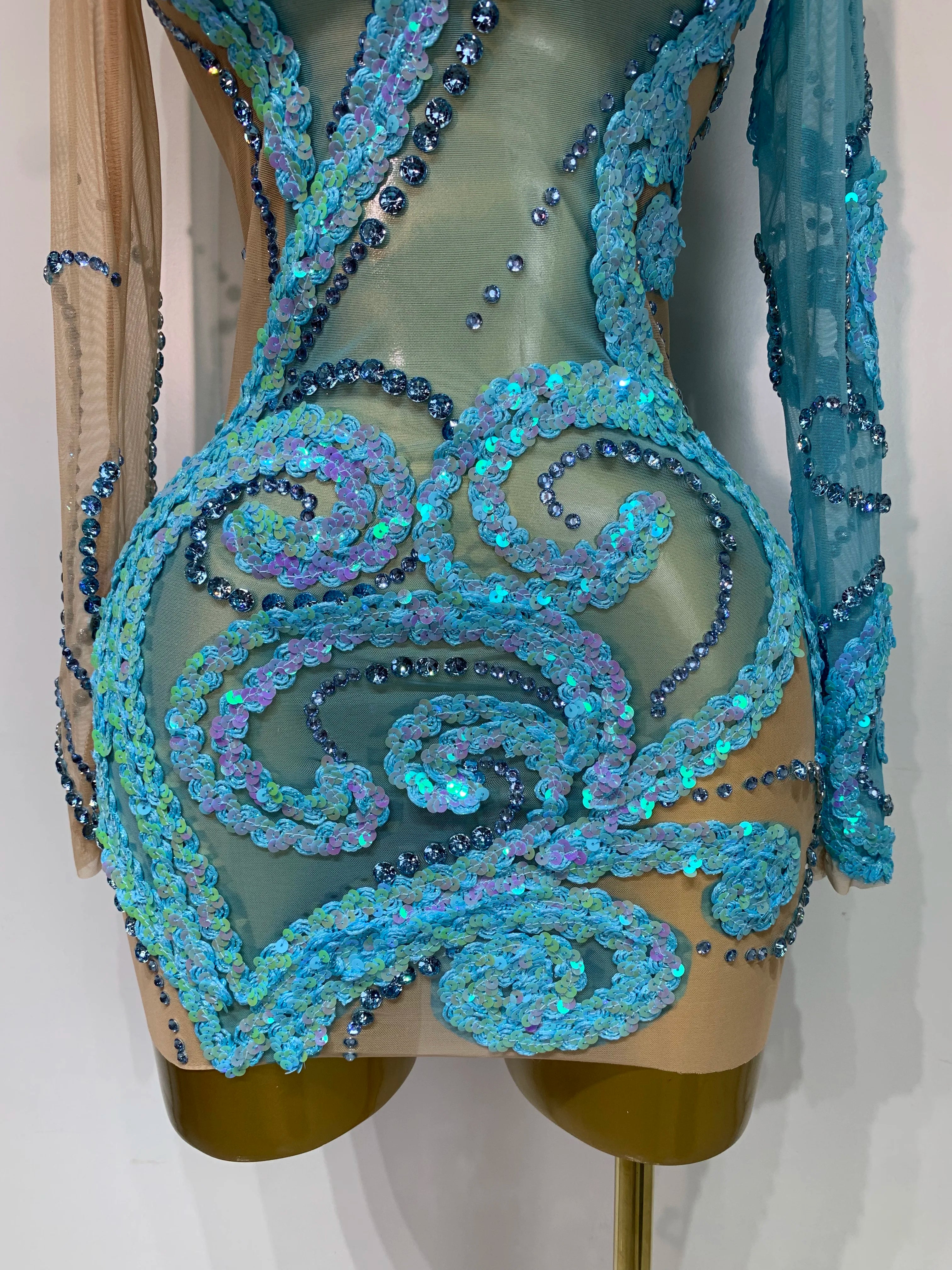 Ocean Swirl Sequin Mini Mesh Dress