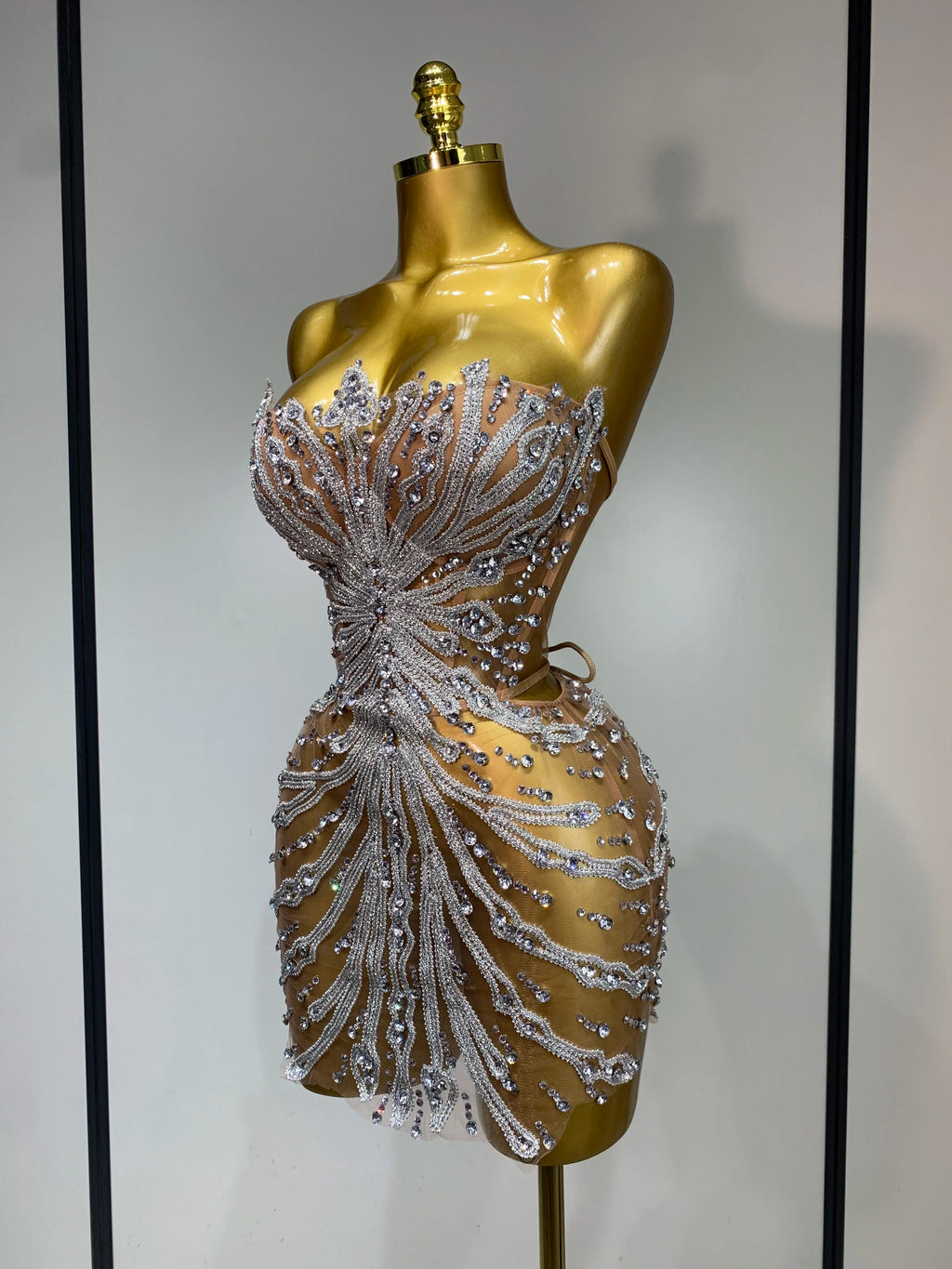 Mesh Rhinestones Mini Dress
