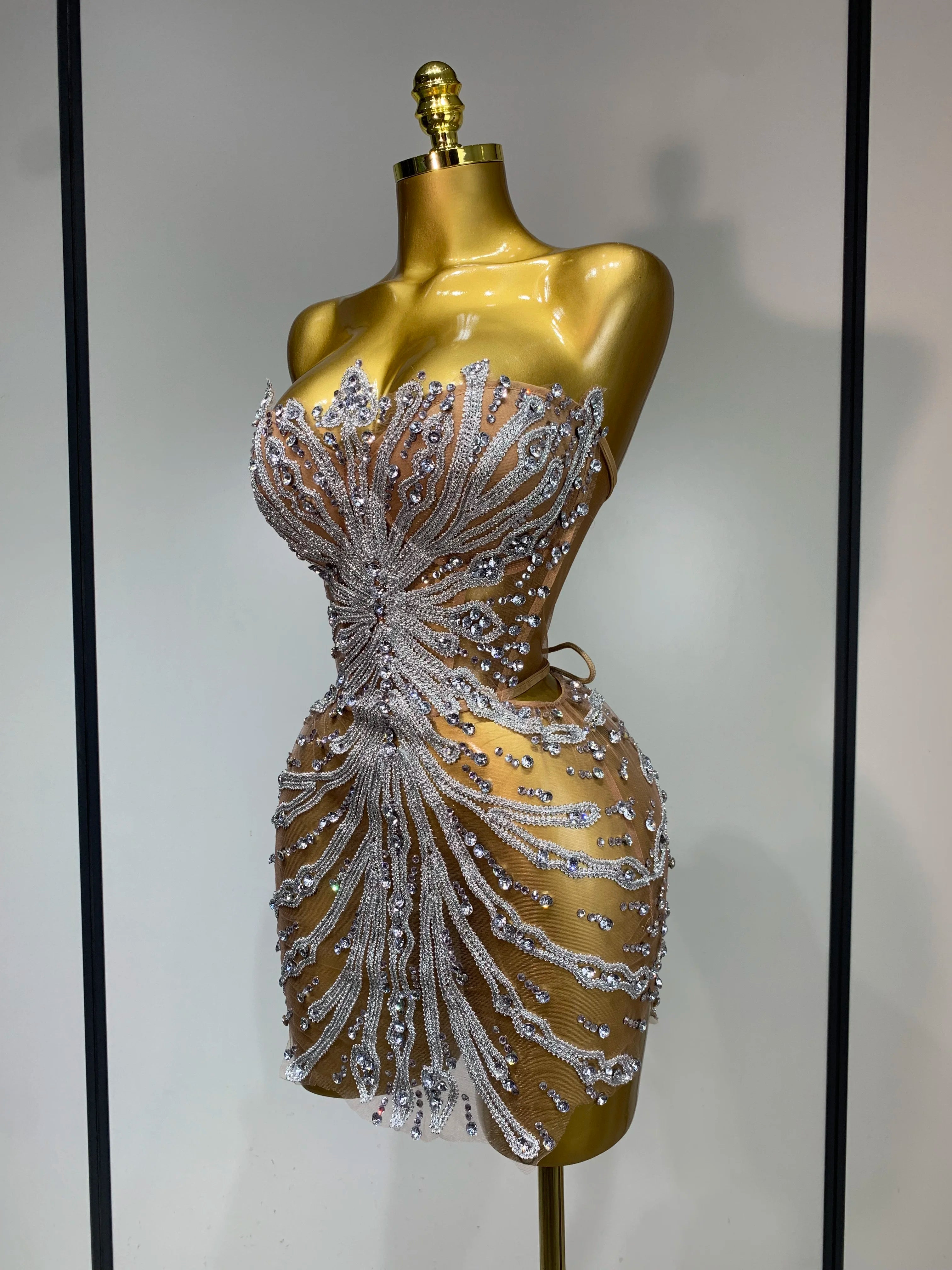 Mesh Rhinestones Mini Dress