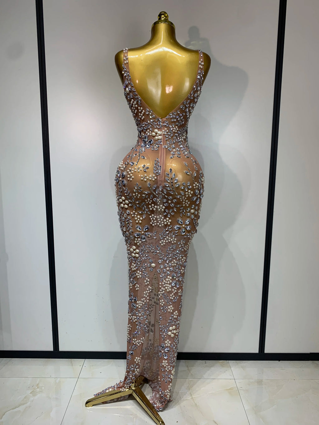 Diamonds Mesh See Through Long Dress
