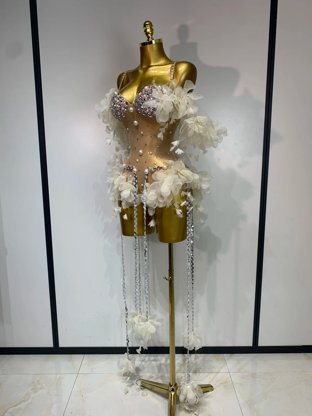 Sparkly Rhinestones Fringe Flower Bodycon Bodysuits