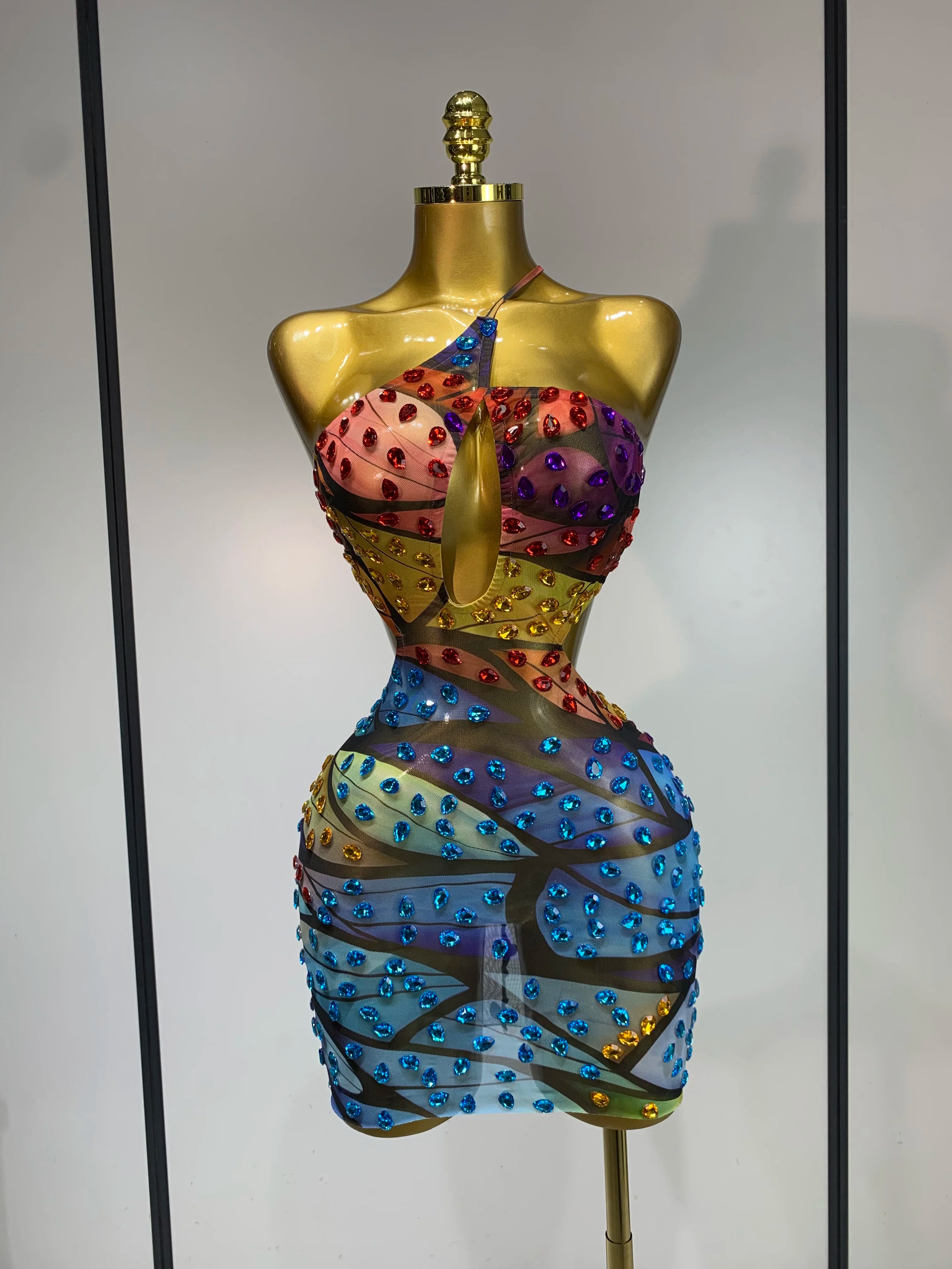 Butterfly Print Rhinestone Mini Dress