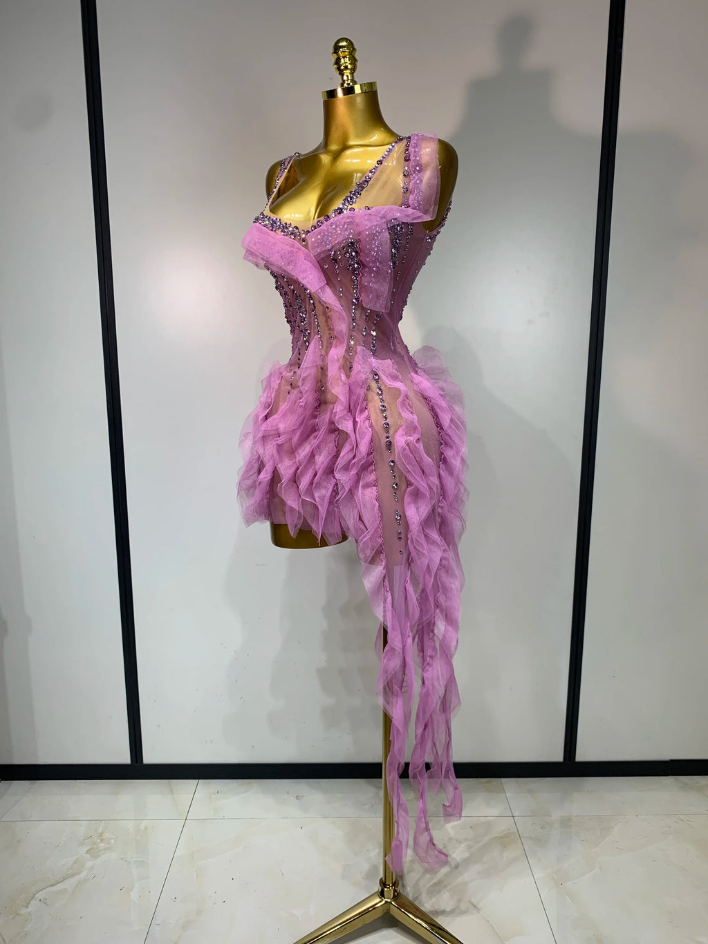 Purple Rhinestone Mini Mesh Dress
