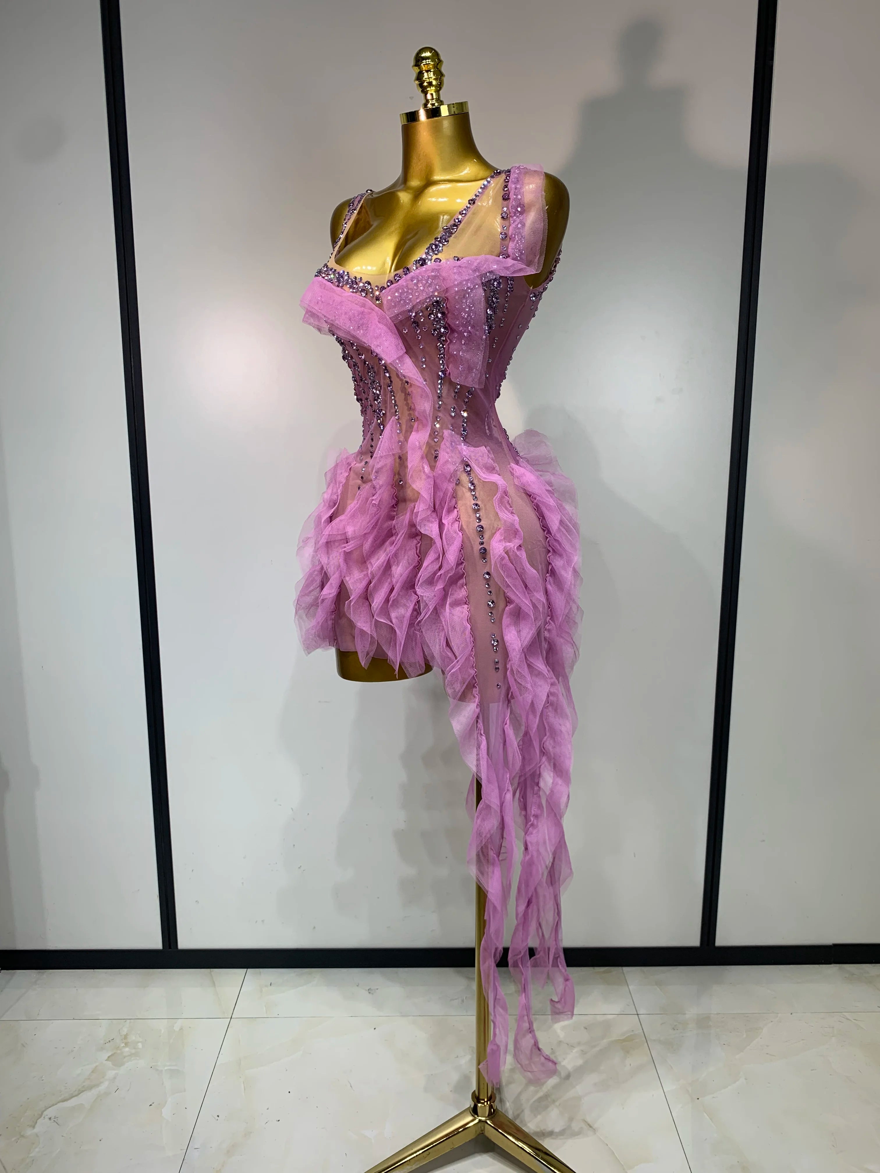 Purple Rhinestone Mini Mesh Dress