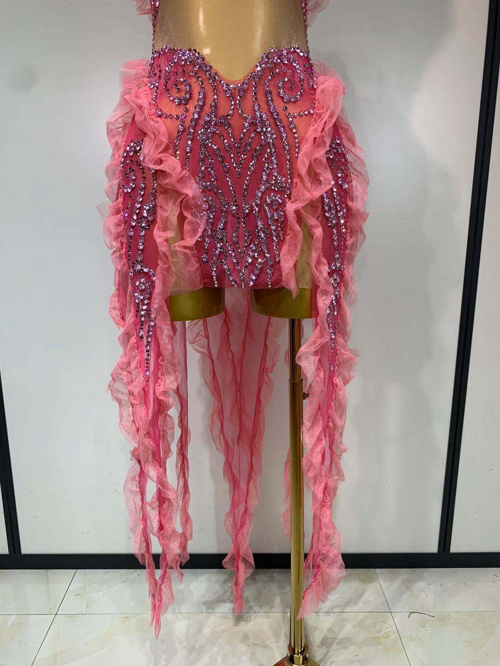 Pink Rhinestone Mesh Dress