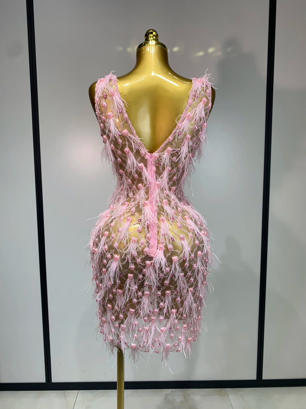 Pink Pearls Feather Lace Mini Dress