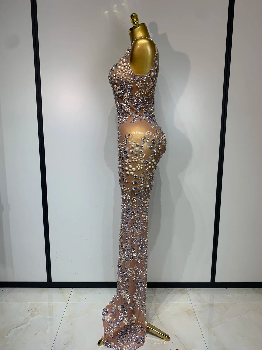 Diamonds Mesh See Through Long Dress