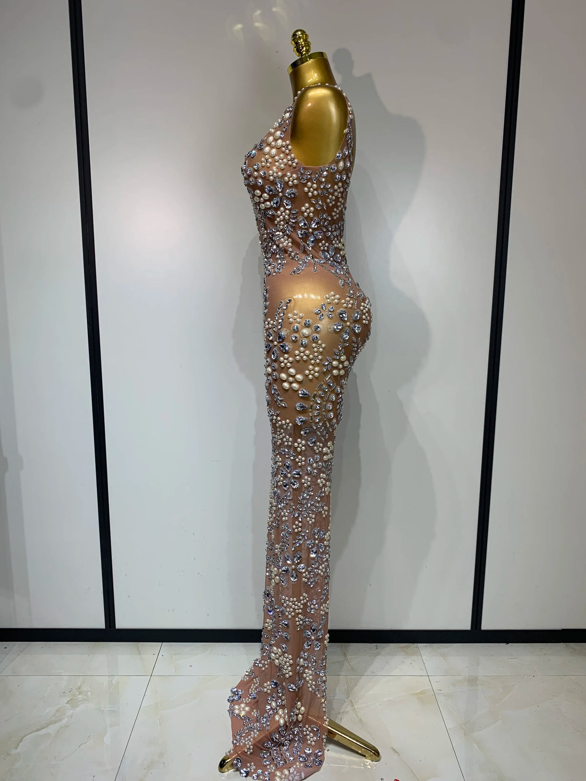 Diamonds Mesh See Through Long Dress