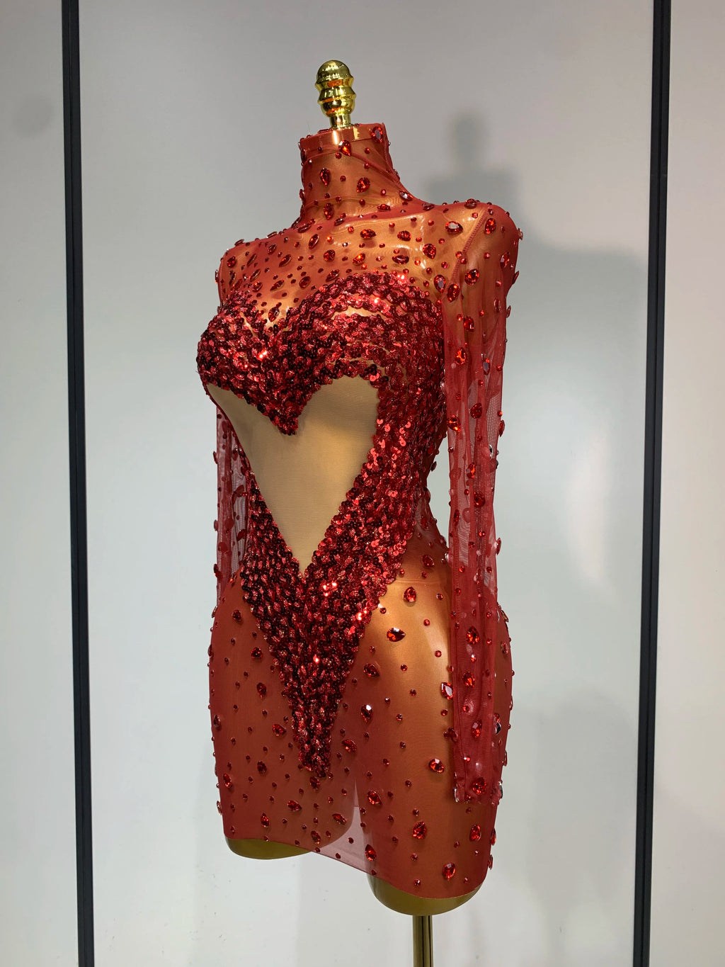 Red Rhinestone Sequin Mesh Mini Dress
