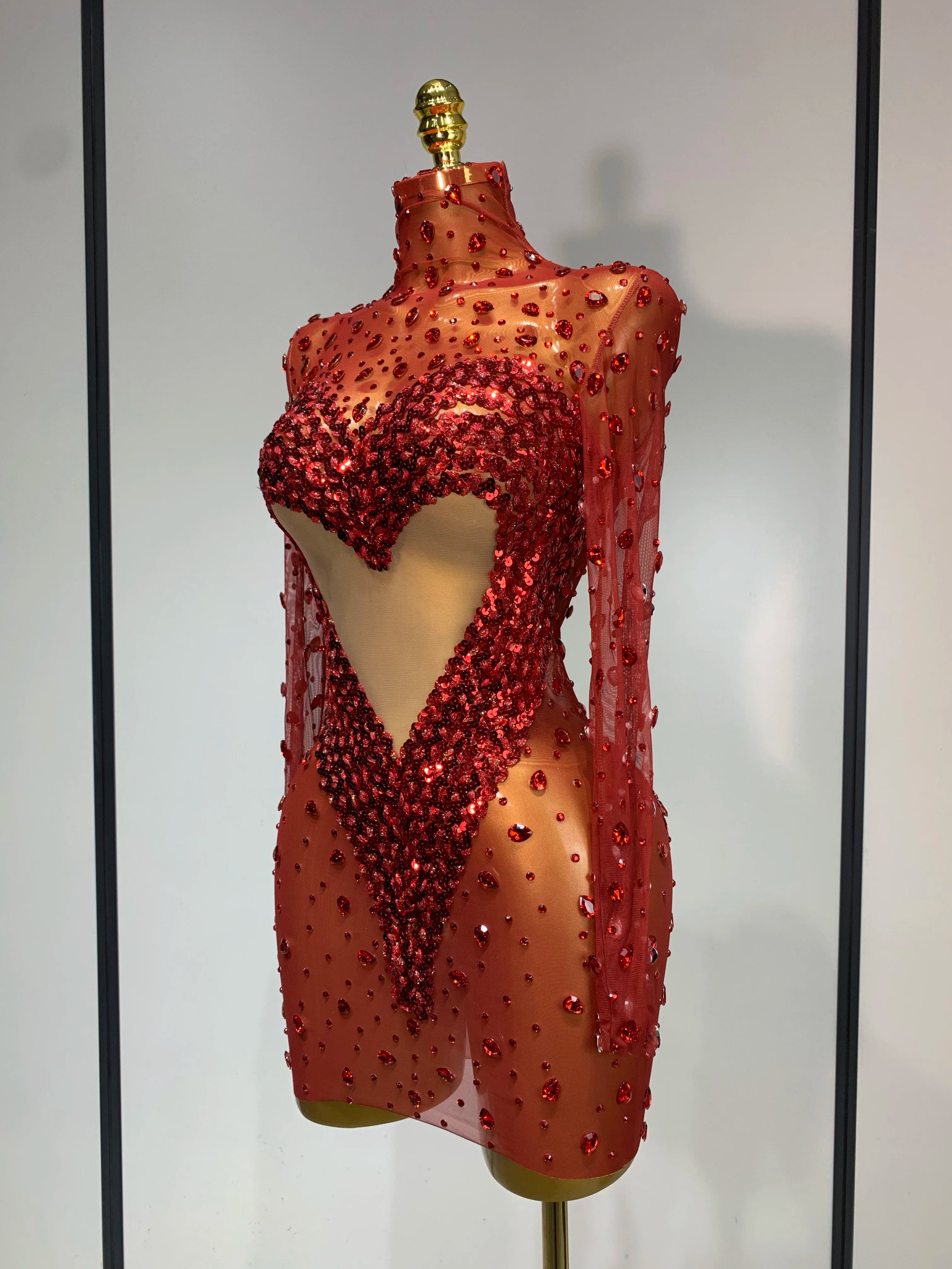 Red Rhinestone Sequin Mesh Mini Dress