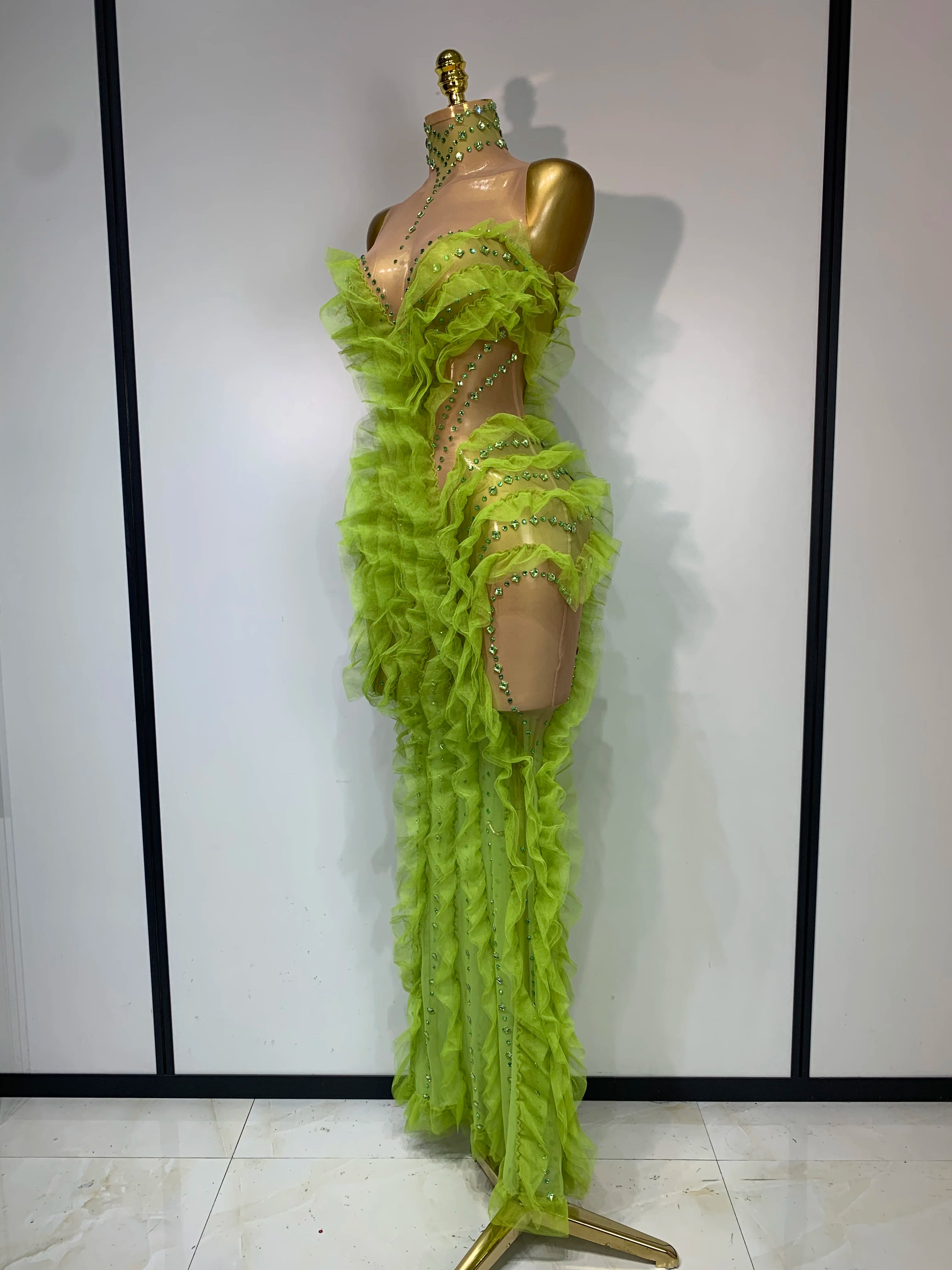 Sparkly Green Rhinestones Mesh Dress