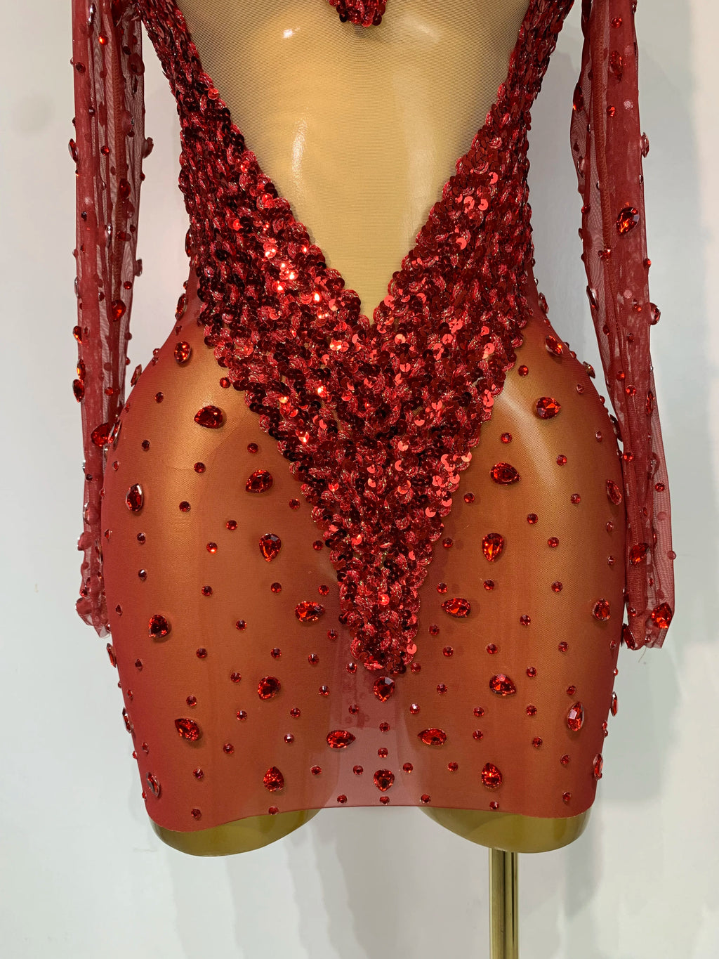 Red Rhinestone Sequin Mesh Mini Dress