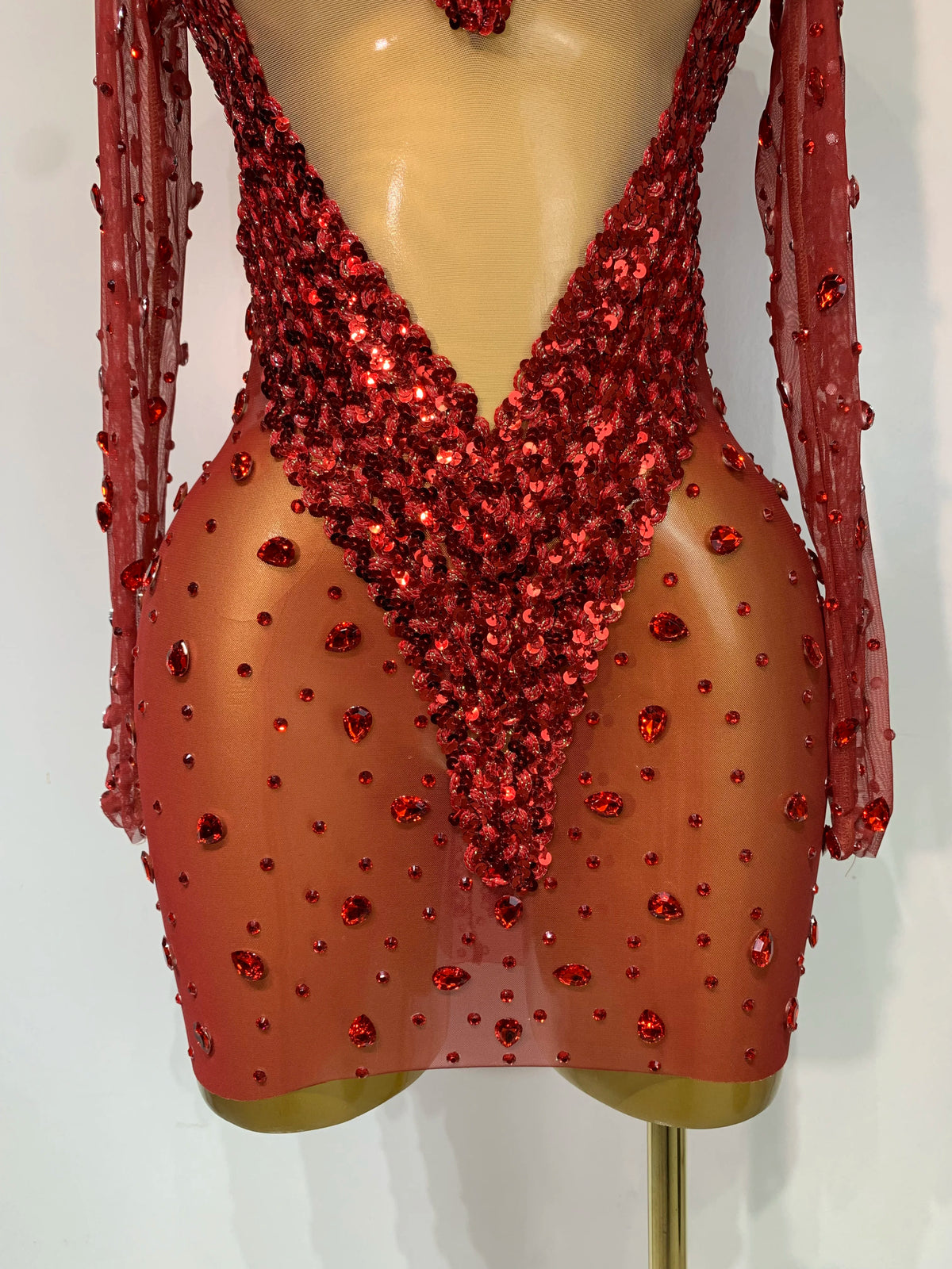 Red Rhinestone Sequin Mesh Mini Dress