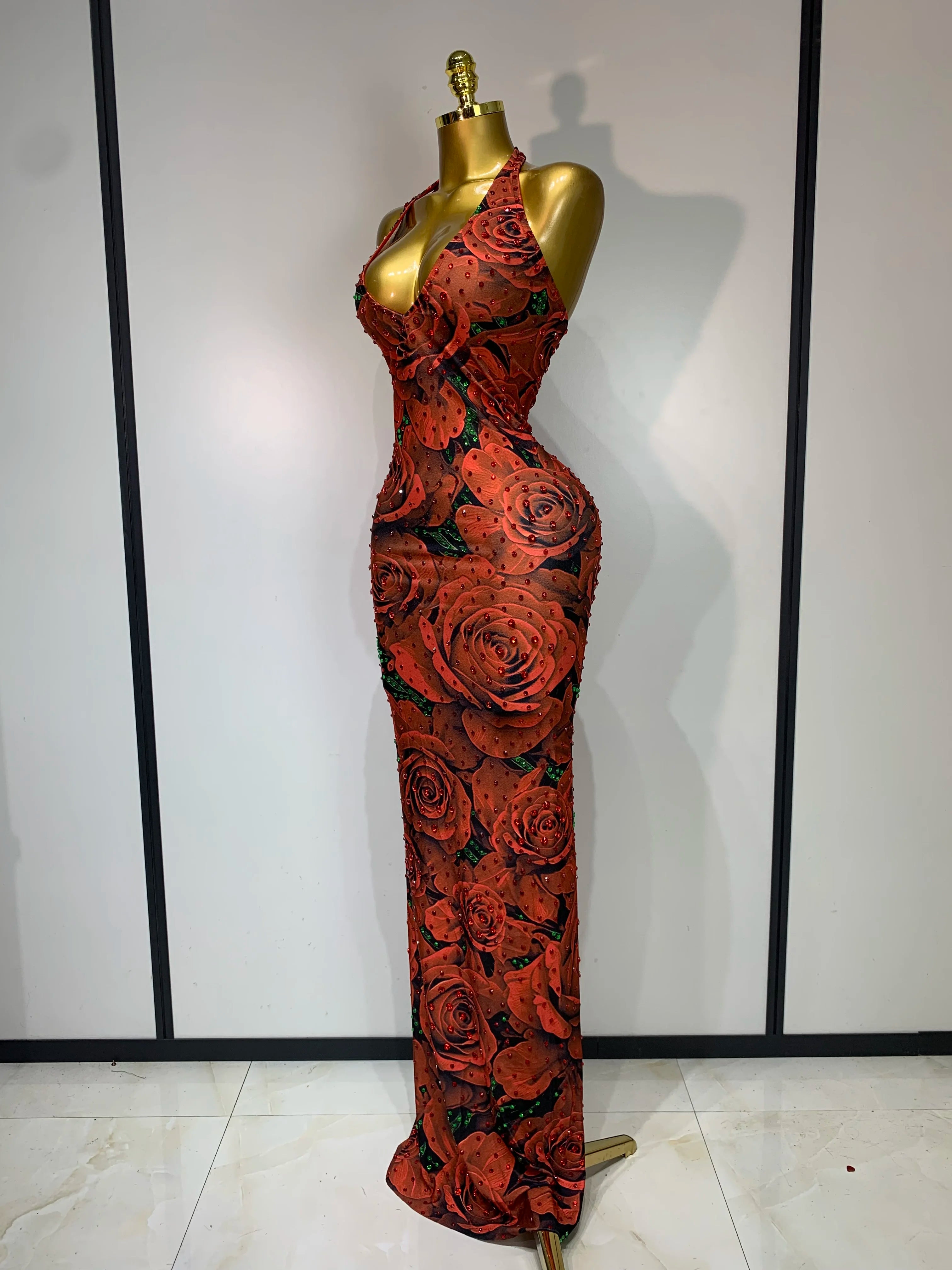 Rose Print Halter Bodycon Sparkly Rhinestone V Neck Dress