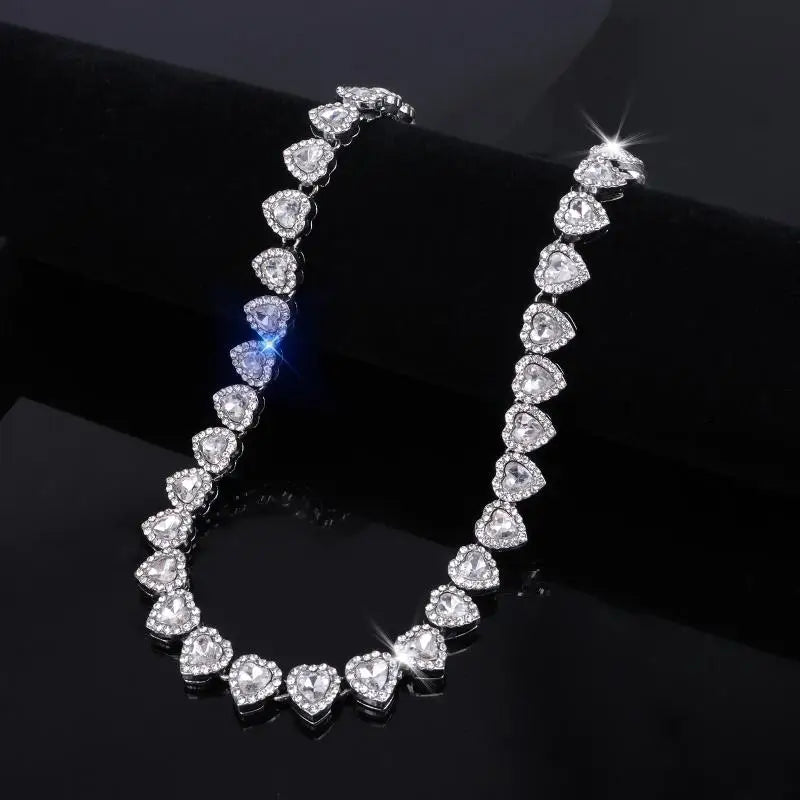 Heart Rhinestone Tennis Chain Necklace & Matching Bracelet