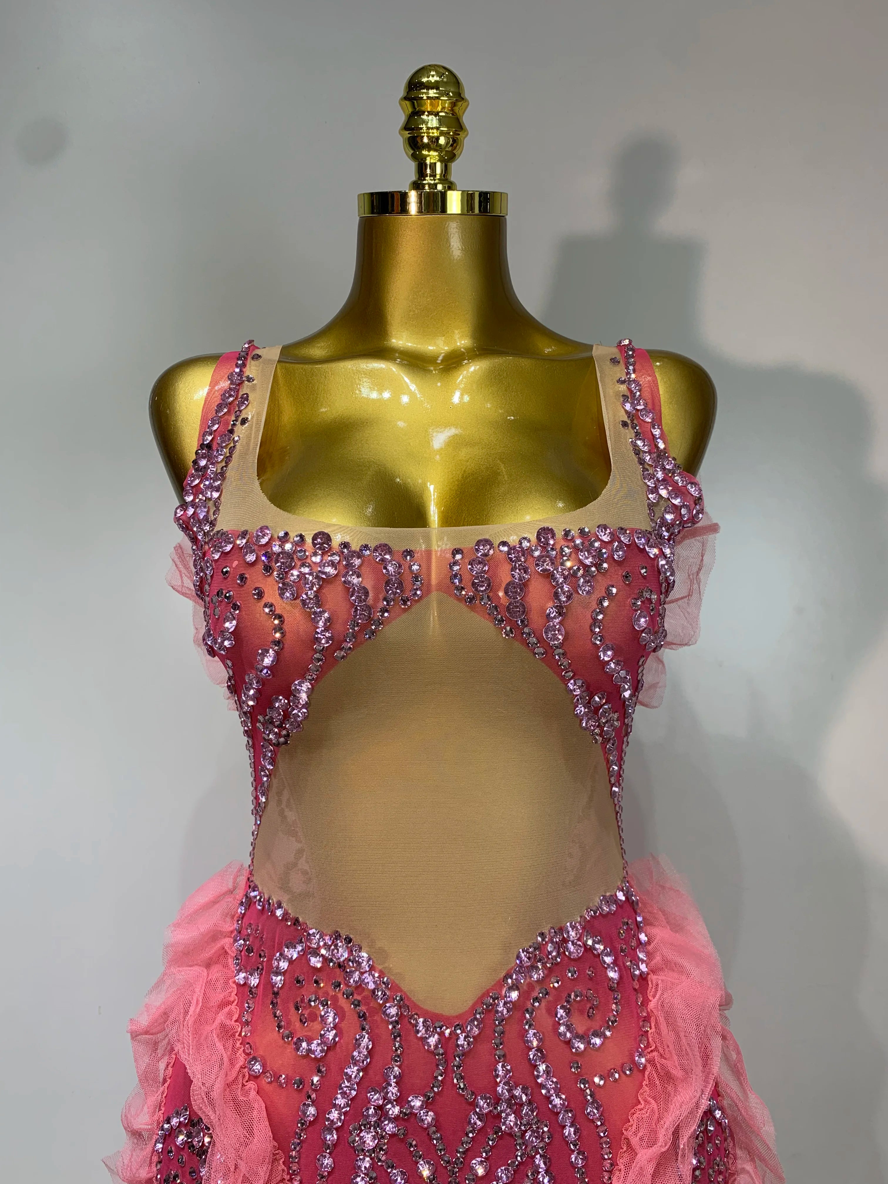 Pink Rhinestone Mesh Dress
