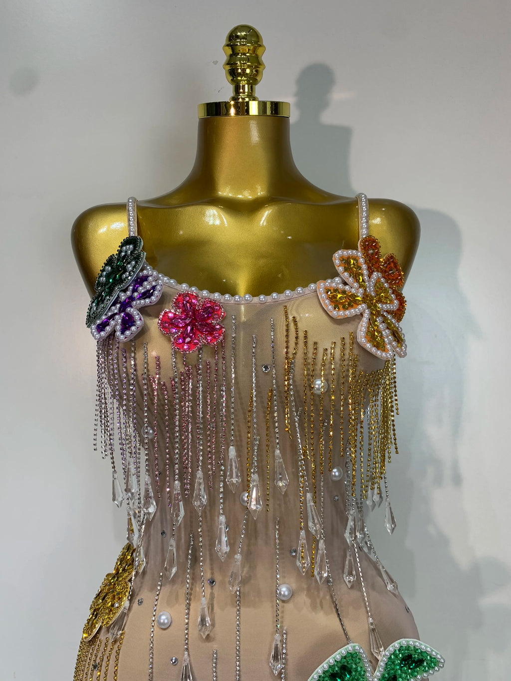 Flower Rhinestone Pearl Mesh Mini Dress
